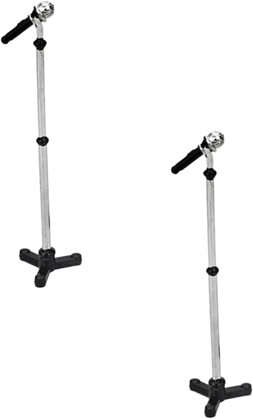2Pcs Black Dollhouse Decoration Accessories, 1:12 Dollhouse Miniature Scene Model Microphone with Stand Play Toy, Decortion, Dollhouse Furniture, Doll's Microphone (90 x 18 mm)