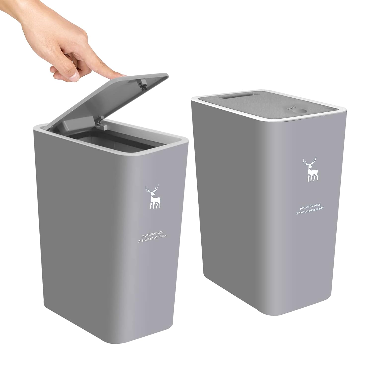 XPIY Trash Can with Lid, 2 Pack 4 Gallons/15 Liters Garbage Can with Press Top, Small Trash Can Dog Proof, Plastic Trash Bin, Waste Basket for Bathroom|Kitchen|Bedroom|Office (2, Grey)