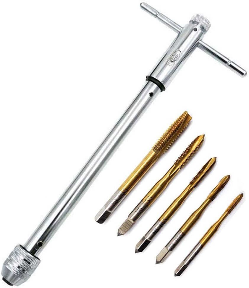QISF Adjustable T-Handle Ratchet Tap Holder Wrench Set + 5Pcs Titanium M3-M8 Machine Screw Thread Metric Plug Taps(Wrench 10" Long)