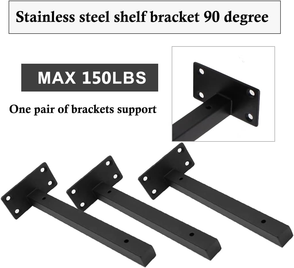 Luomorgo 4 Pcs 8" Floating Shelf Bracket Stainless Steel Heavy Duty Black Shelf Brackets Blind Shelf Supports Hidden Brackets for Floating Wood Shelves - Screws and Wall Plugs Included - Image 3