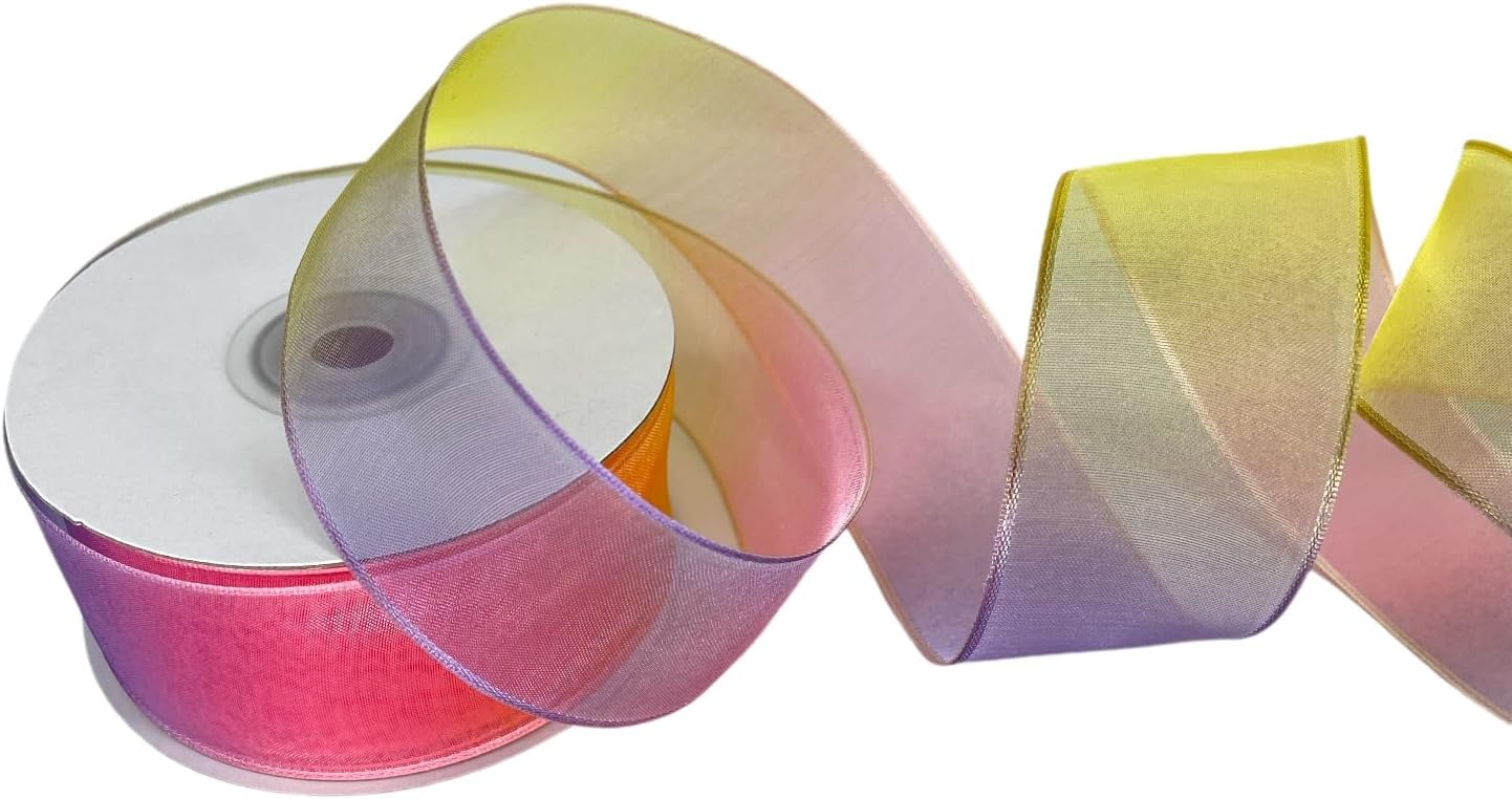 XMRIBBON Rainbow Sheer Organza Ribbon Wired 1-1/2 Inch X 25 Yards for Floral & Craft Decoration - Image 2