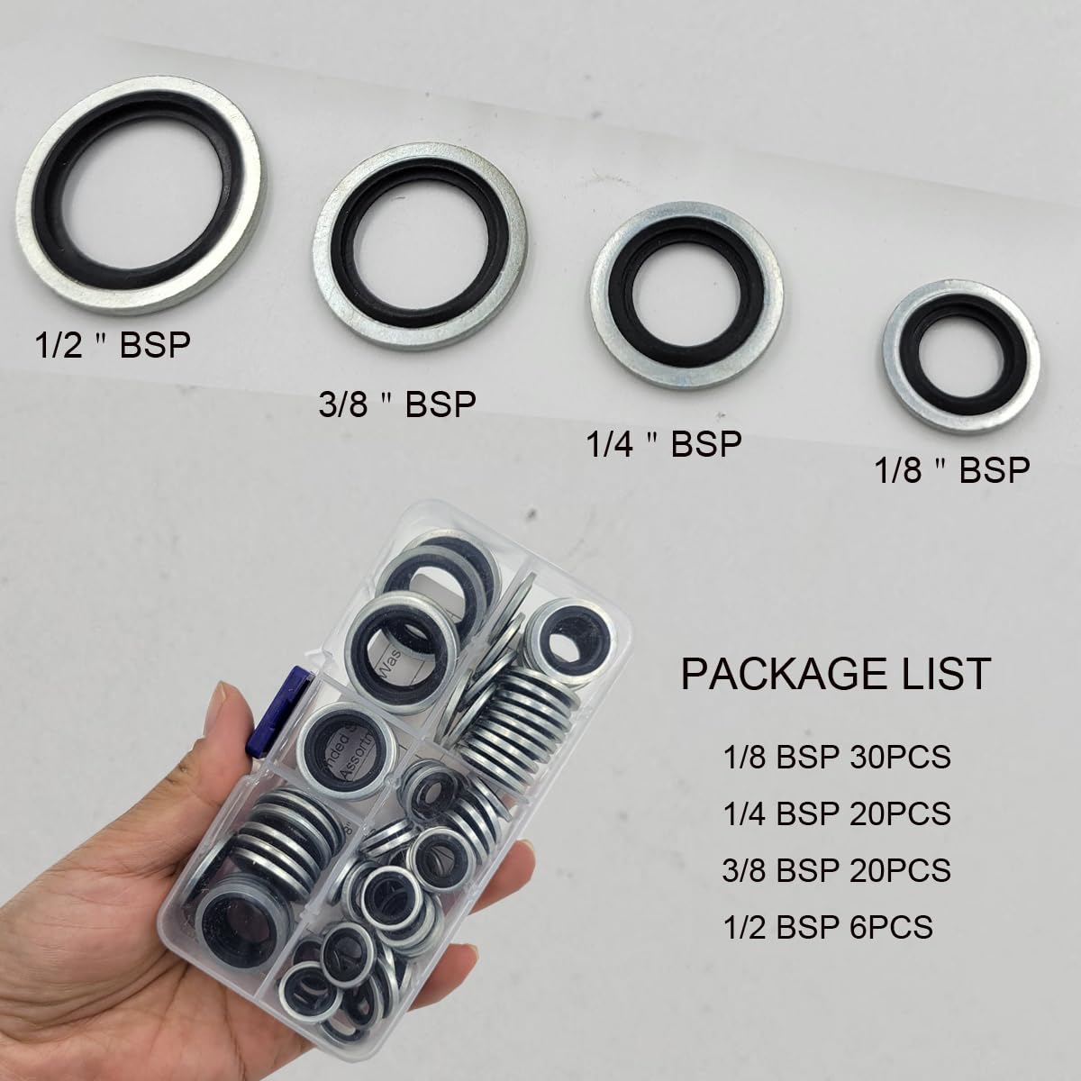 1/8'', 1/4'', 3/8'', 1/2'' Self-Centered Bonded Seal Oil Washers Drain Plug Gasket Assortment Kit - Image 4