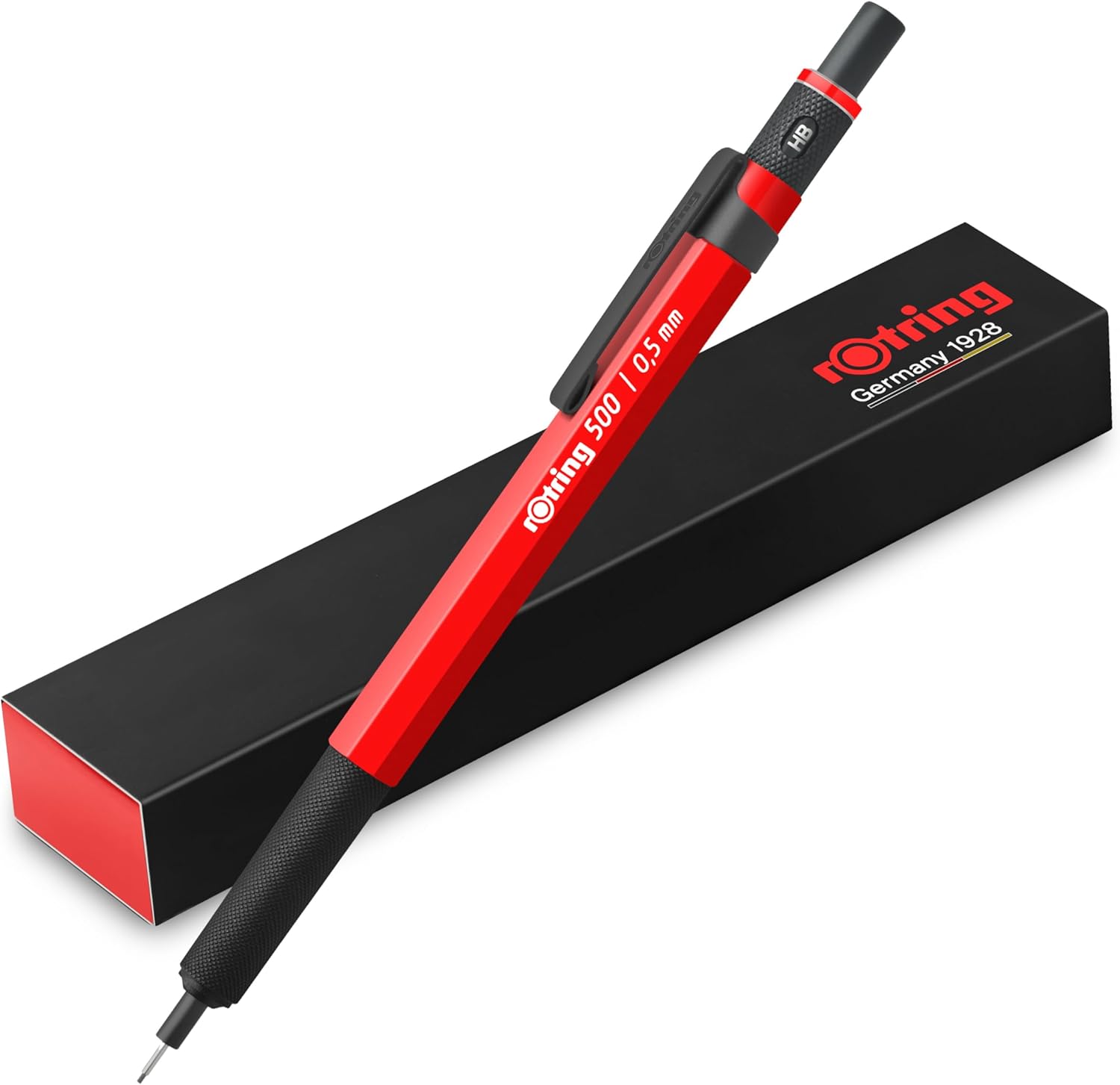rOtring 500 Mechanical Pencil, Red Hexagonal Plastic Barrel and Non-Slip Textured Metal Grip, 0.5mm, HB Lead, 1 Count - Precision, Comfort, Sleek, Writing