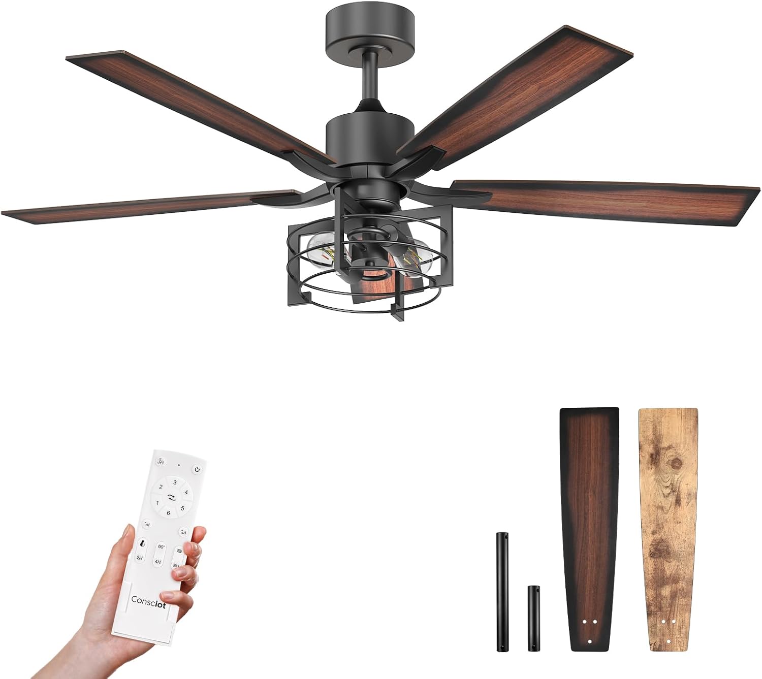Consciot 52 Inch Ceiling Fans With Lights Remote, Modern Farmhouse Caged Ceiling Fan, Reversible Motor, 5 Double Finish Wood Blades, Rustic Ceiling Fan For Porch, Living Rooms, Bedroom, Hunter Black
