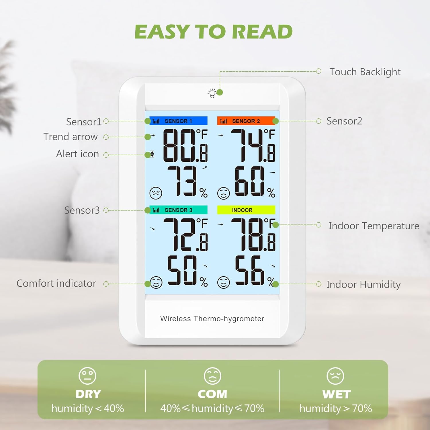 KeeKit Indoor Outdoor Thermometer, Wireless Digital Hygrometer Thermometer with 3 Remote Sensors, Temperature Humidity Monitor with Alarm Function, Replaceable °C and °F for Home - Image 2
