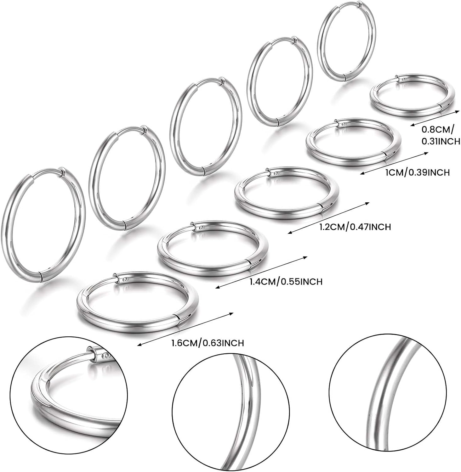 Mabor 5 Pairs Stainless Steel Hoop Earrings for Women Men Silver Small Stainless Steel Huggie Hoop Earrings Piercings Cartilage 8mm,10mm, 12mm,14mm, 16mm - Image 2