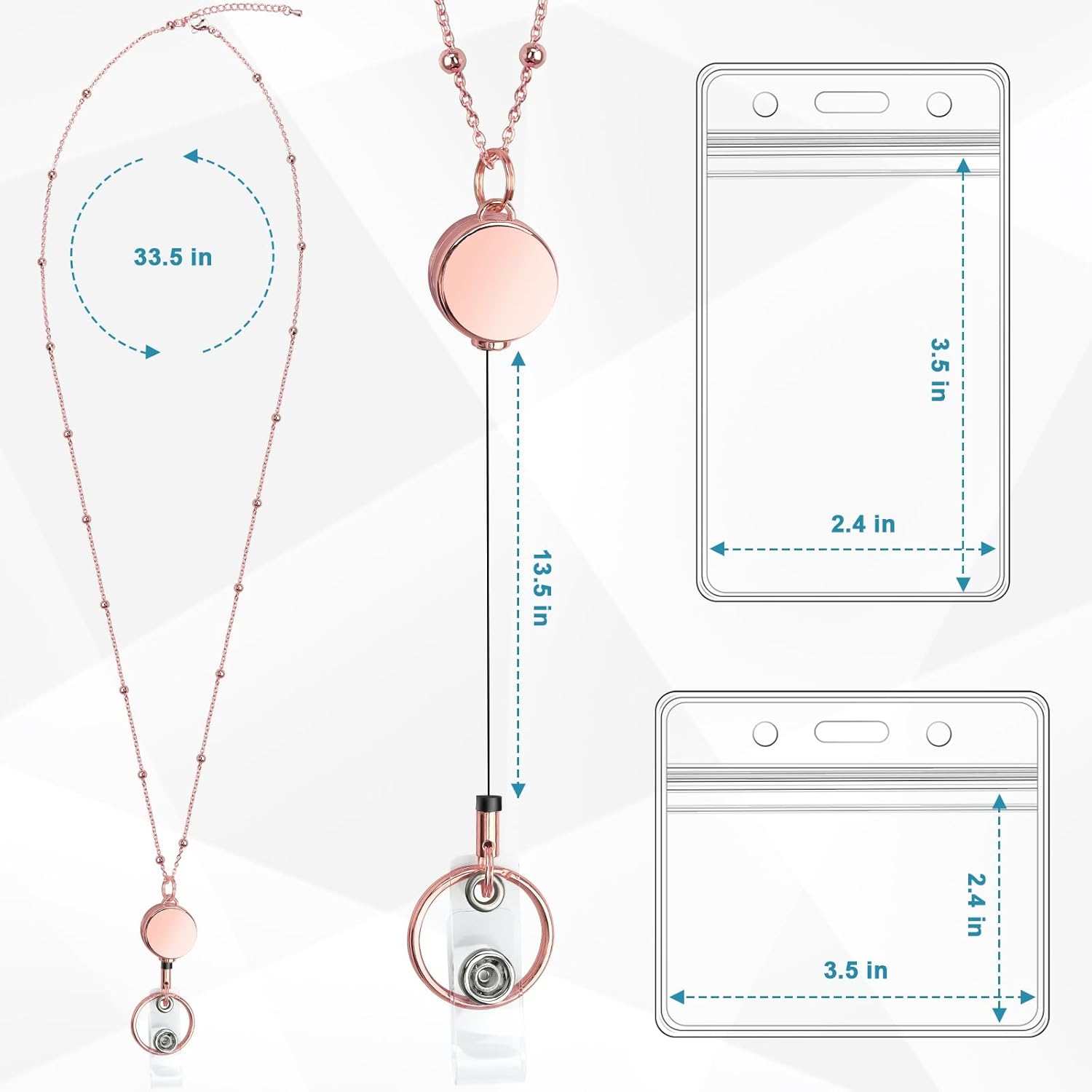 3 Pack Retractable Badge Reel Lanyard with 6 Pcs Waterproof ID Holder Retractable Stainless Steel Badge Reel Lanyard with ID Holder for Girl Women Teacher Adults (Black, Silver, Rose Gold) - Image 2