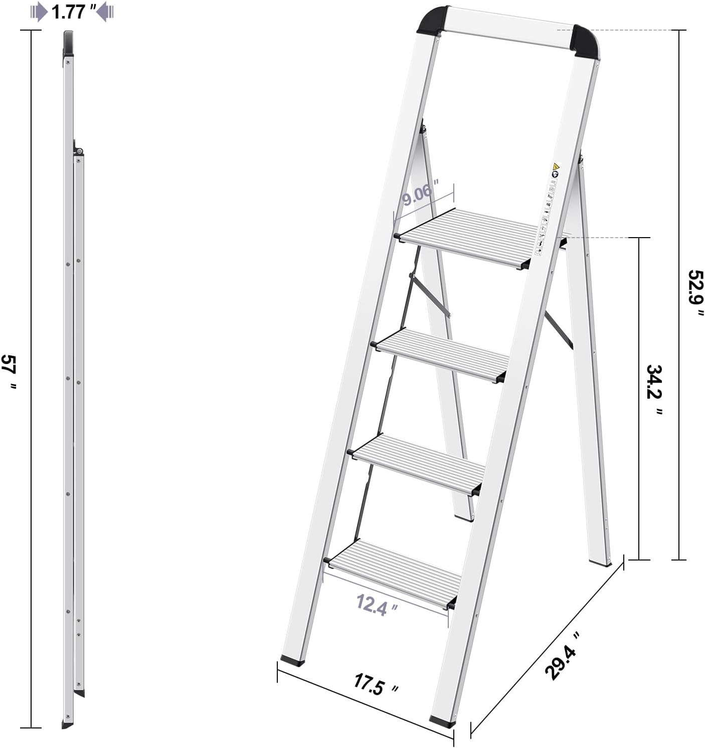 KINGRACK Aluminium 4 Step Ladder, Lightweight Step Stool with Non-Slip Pedals, Handrail, Foldable Step Ladder for Kitchen, Garage, Home, Space Saving, Sturdy and Portable, Silver - Image 6