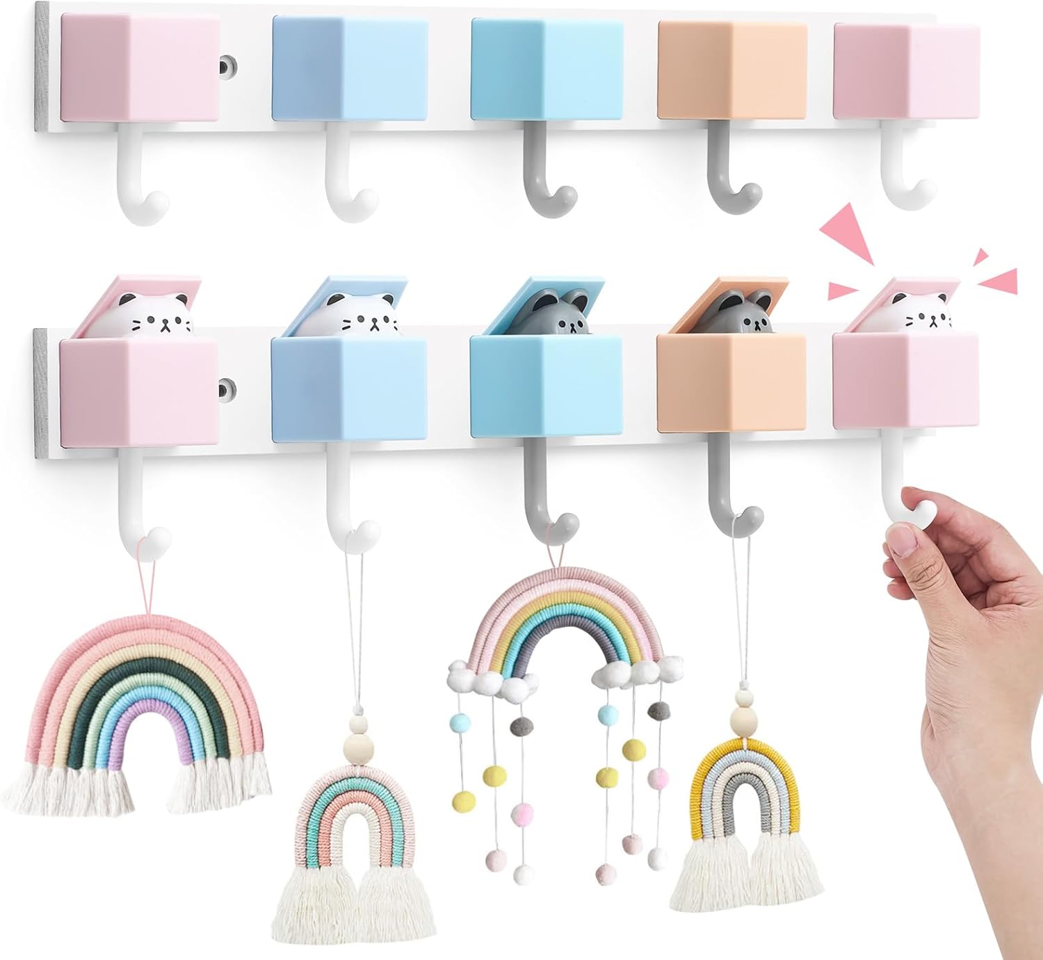 Maitys 2 Pcs Kids Coat Rack Wall Mount Kids Wall Hooks Rainbow Coat Rack Hooks for Boys Girls Toddler Cute Bathroom Decor Colorful Backpack Hanger Supplies for Clothes Hat Towel in Bedroom (Cat)