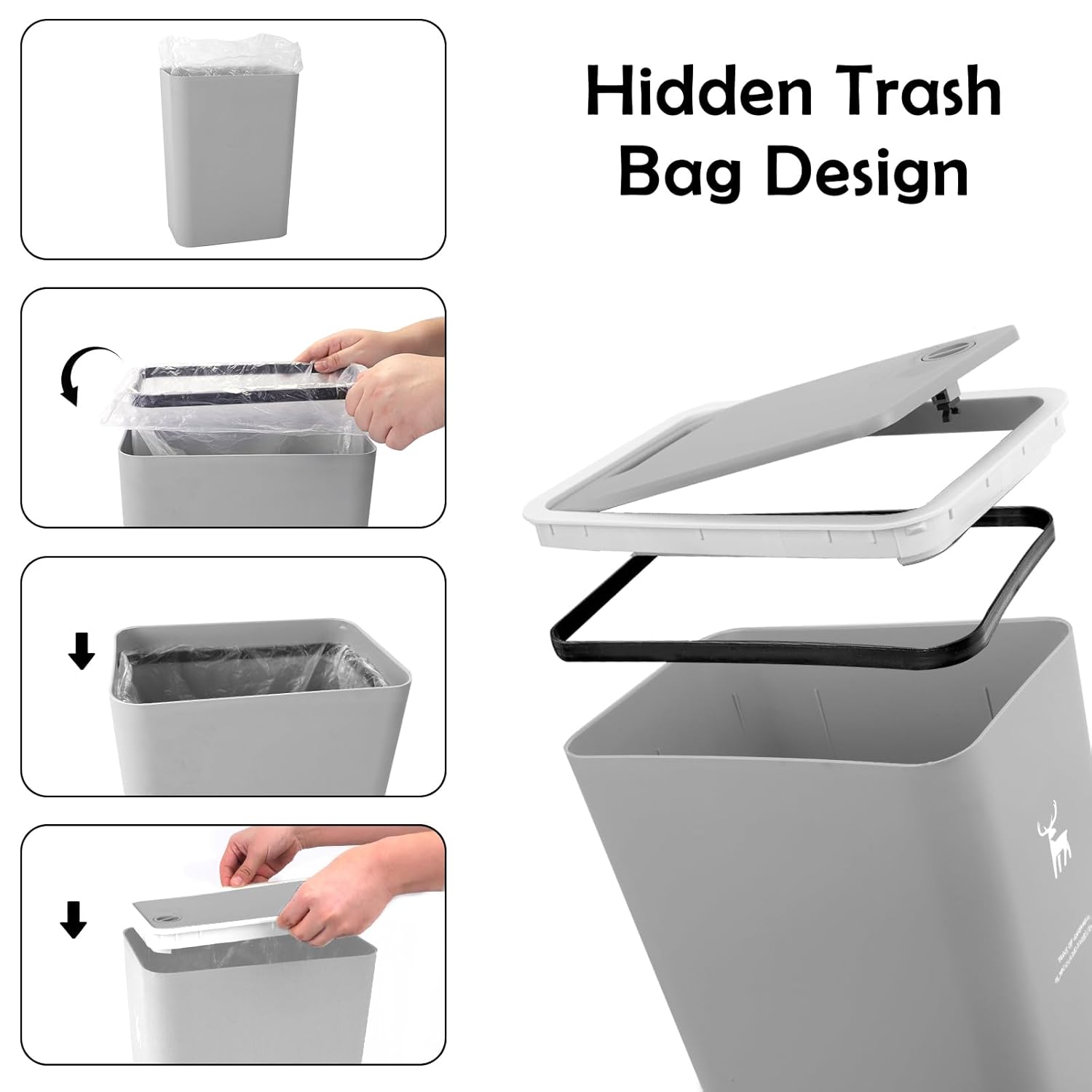 XPIY Trash Can with Lid, 2 Pack 4 Gallons/15 Liters Garbage Can with Press Top, Small Trash Can Dog Proof, Plastic Trash Bin, Waste Basket for Bathroom|Kitchen|Bedroom|Office (2, Grey) - Image 7