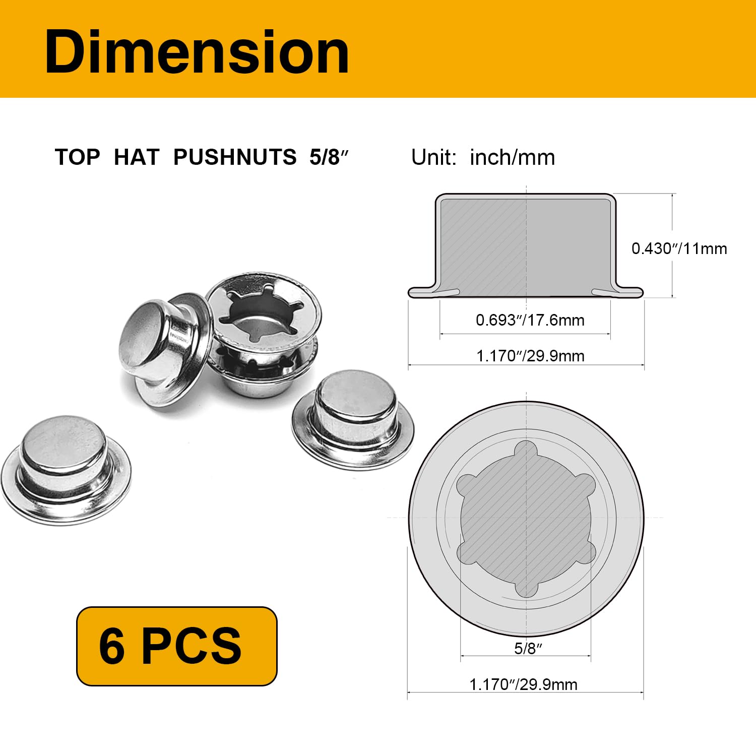 6PCS 5/8” Push Nuts Axle Cap, Push on Pushnut Spring Steel Permanent Washer Caps with Zinc Mech Finish for Hand Trucks, Rolling Bins, Lawn Wagons – Reliable Alternative to Cotter Pins - Image 2