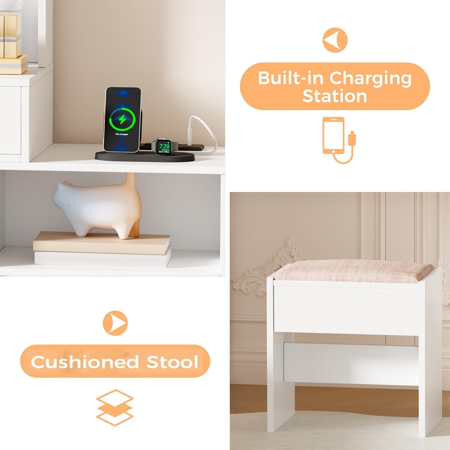 ANWBROAD Makeup Vanity Desk with Mirror & 10 LED Lights Big Vanity Set with Charging Station, Nightstand, Drawers, Storage Shelves, Stool, Bedroom Dressing Table for Women Girls White UBDT13W - Image 3