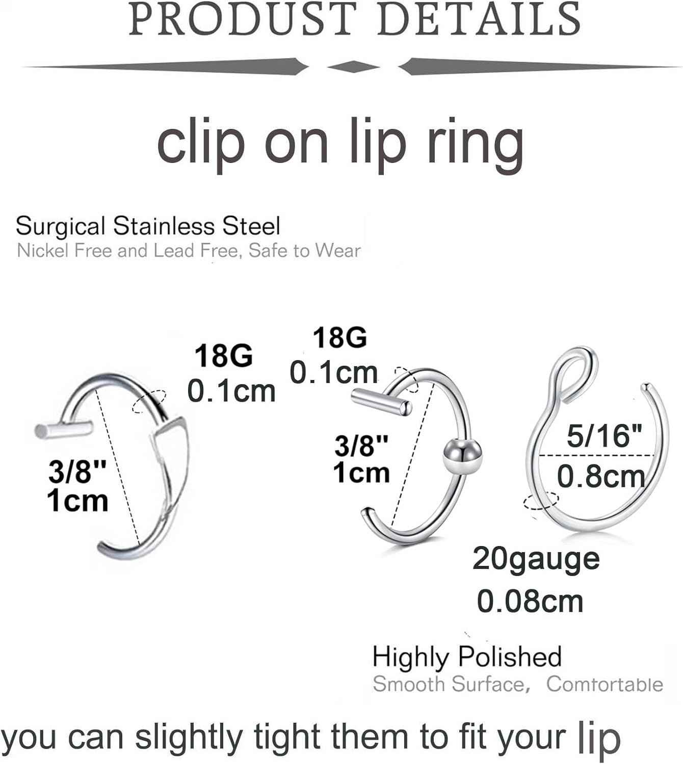 QWALIT Fake Lip Ring Cuffs Fake Nose Face Dermal Piercing Silver Clip on Vampire Teeth Fangs Faux Snake Bites Clip Nose Ring Hoops Non Piercing Stick on Stud Jewelry for Halloween Jewelry Women Men - Image 2