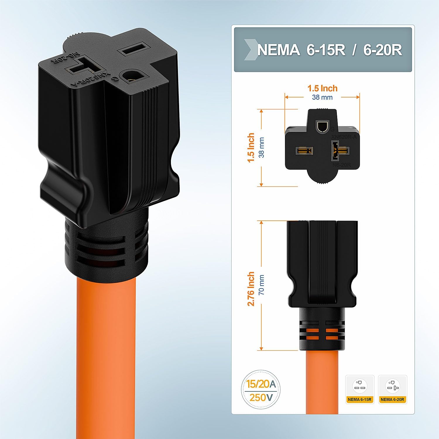 1FT Nema L14-30P 30Amp Locking Plug Male to 6-20R T-Blade Adapter, STW 10-AWG 30A 4-Prong 250V to 3 20A 250V 6-20/15R Adapter, L14-30 to 6-20 Adapter - Image 5