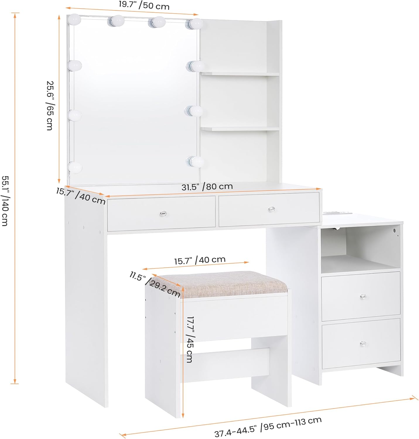 ANWBROAD Makeup Vanity Desk with Mirror & 10 LED Lights Big Vanity Set with Charging Station, Nightstand, Drawers, Storage Shelves, Stool, Bedroom Dressing Table for Women Girls White UBDT13W - Image 8