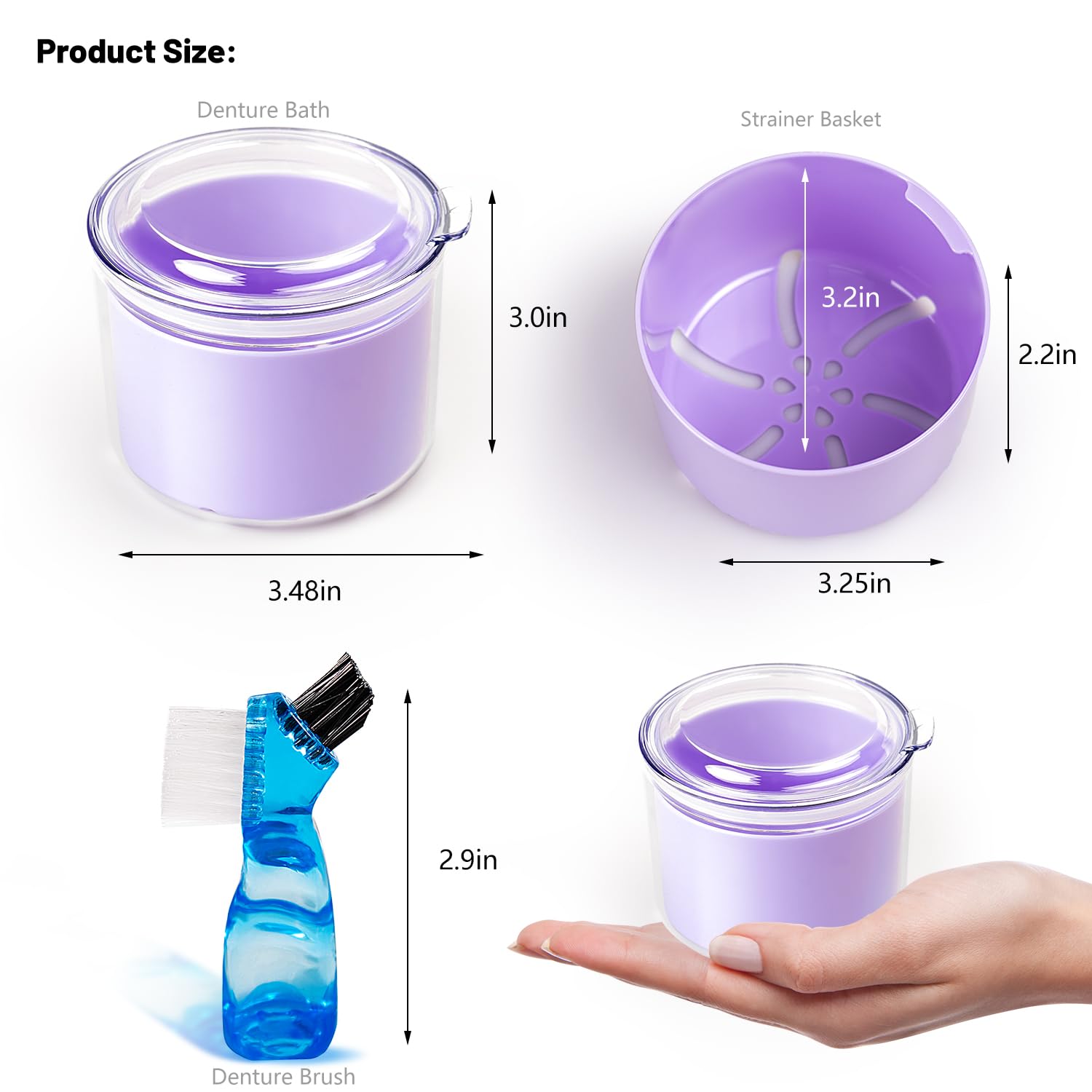 Denture Case, Leak Proof Denture Bath Cup, Full & Partial Denture Clean Holder Box with Strainer, Denture Brush, Denture Soaking Container Cups for Dentures, Retainers, Mouth Guard Case (Purple) - Image 5