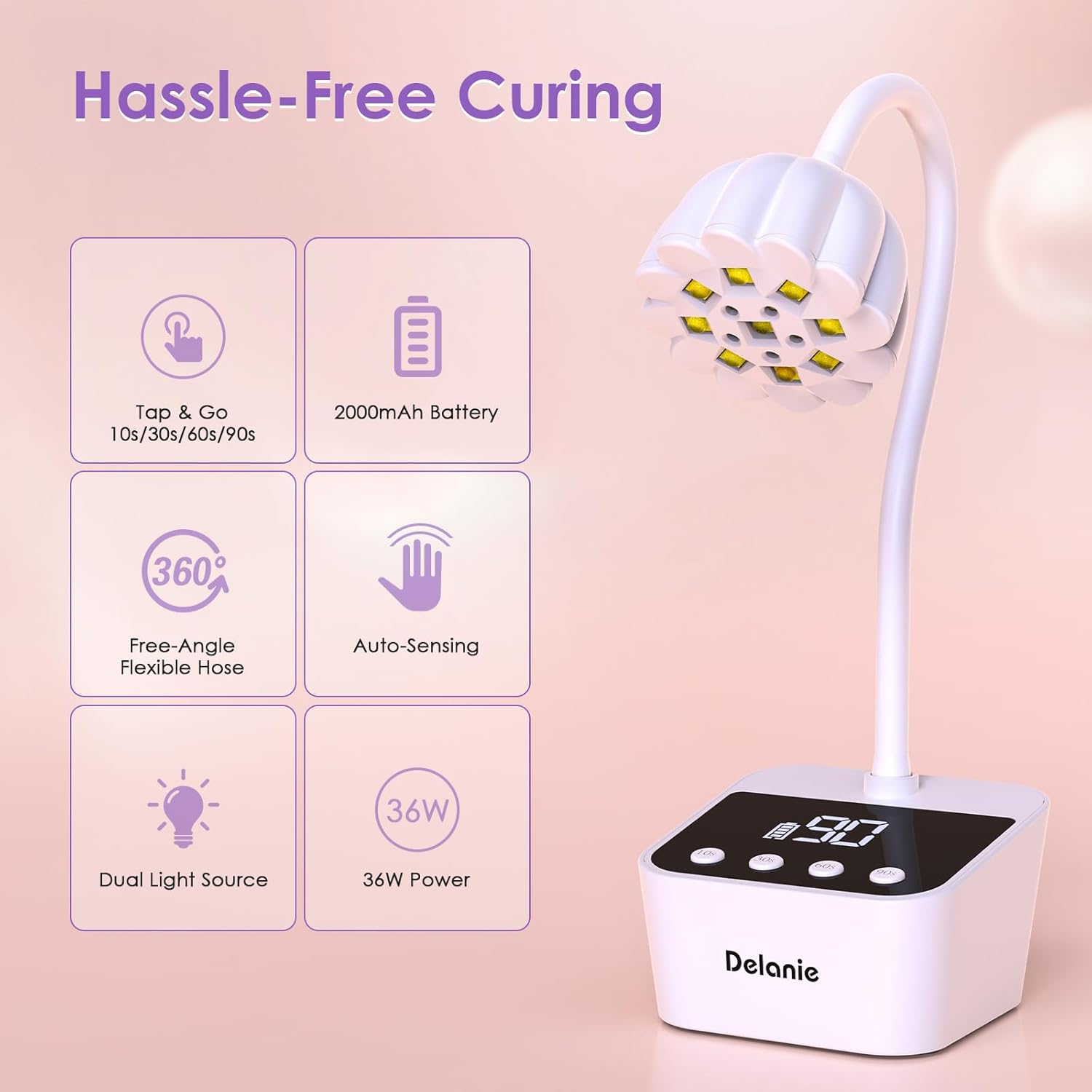 Delanie UV LED Nail Lamp Flash Cure Light - Rechargeable Cordless Gooseneck Nail Curing Light for Gel Polish Glue Extension, White - Image 7