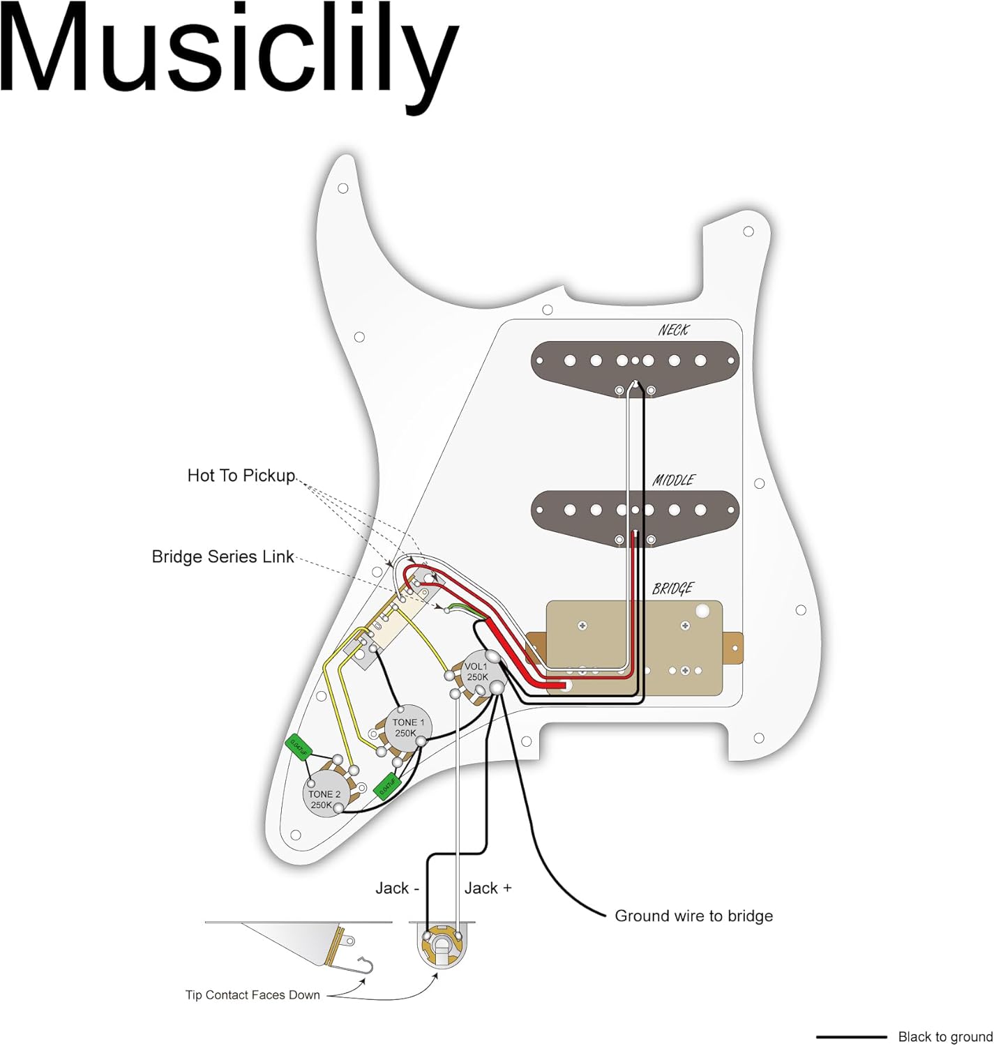 Musiclily SSH Prewired Strat Loaded Pickguard with Single Humbucker Pickups Set for Fender Stratocaster Electric Guitar,3Ply Black - Image 2