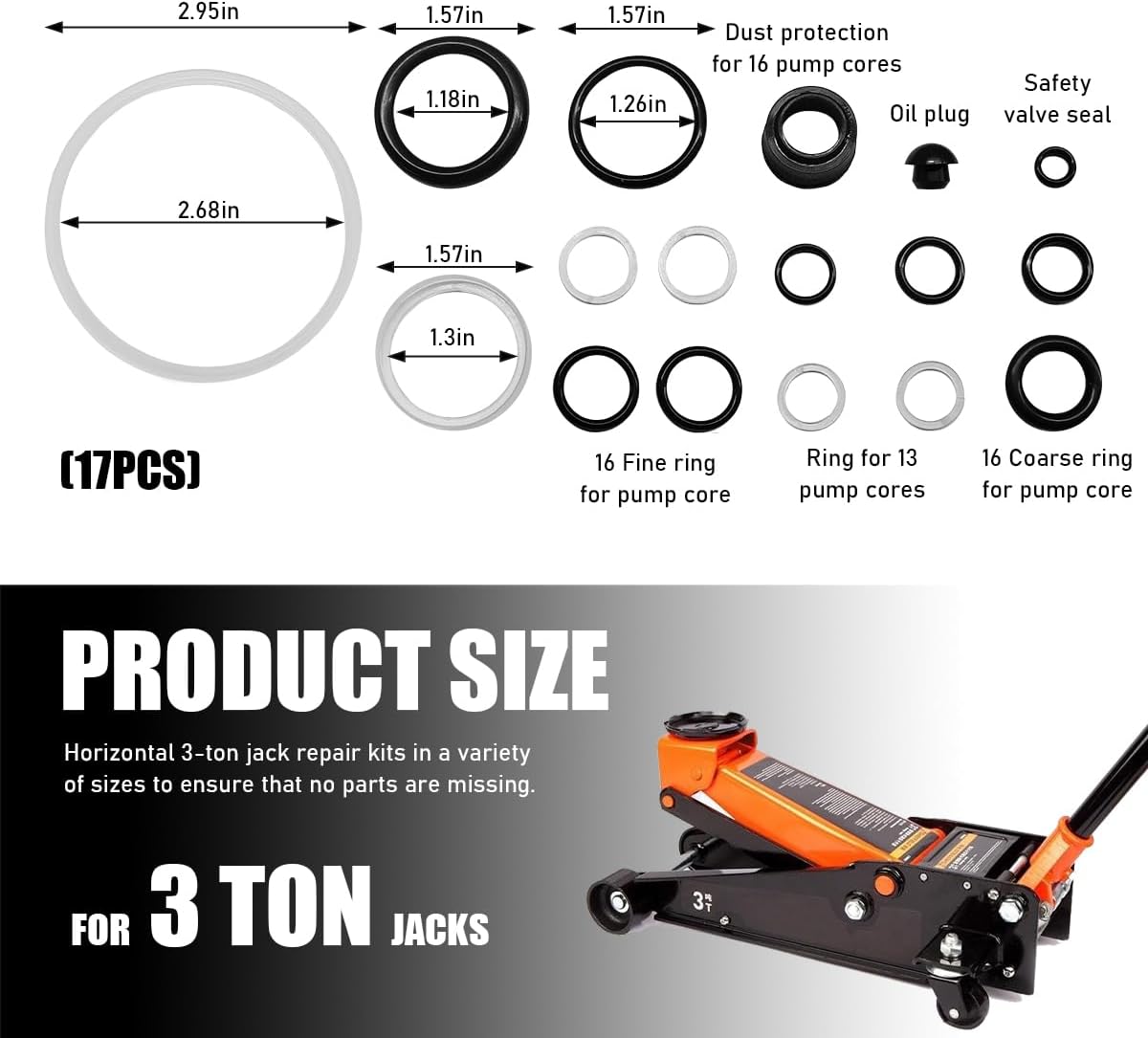 FSTURIOS 17PCS Floor Jack Seal Kit, 3 Ton Horizontal Hydraulic Jack O-Ring Seal with Oil Filler Plug, Complete Repair Set Rubber Sealing Rings Replacement Parts for Floor Jacks - Image 2