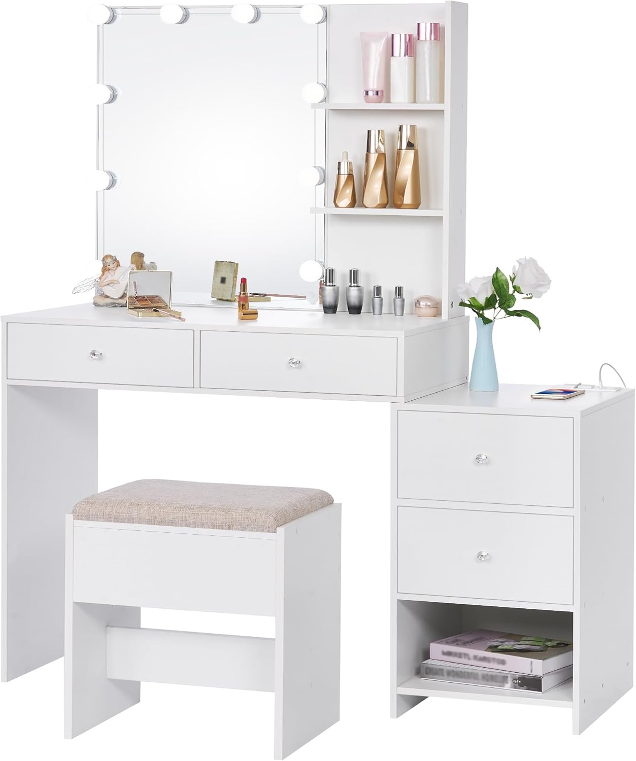 ANWBROAD Makeup Vanity Desk with Mirror & 10 LED Lights Big Vanity Set with Charging Station, Nightstand, Drawers, Storage Shelves, Stool, Bedroom Dressing Table for Women Girls White UBDT13W - Image 7