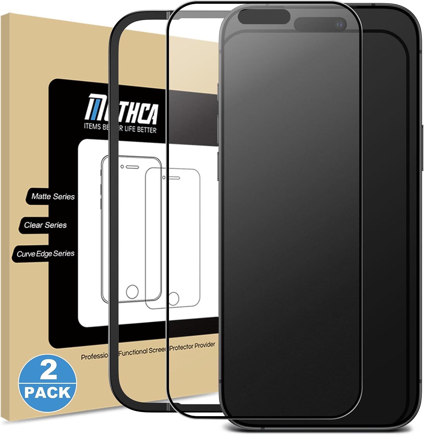 Mothca 2 Pack Matte Glass Full Coverage Screen Protector for iPhone 17 / iPhone 16 Pro 6.3-inch, Anti-Glare Anti-Fingerprint Black Edge Tempered Glass Film with Easy Installation Tool, Smooth as Silk