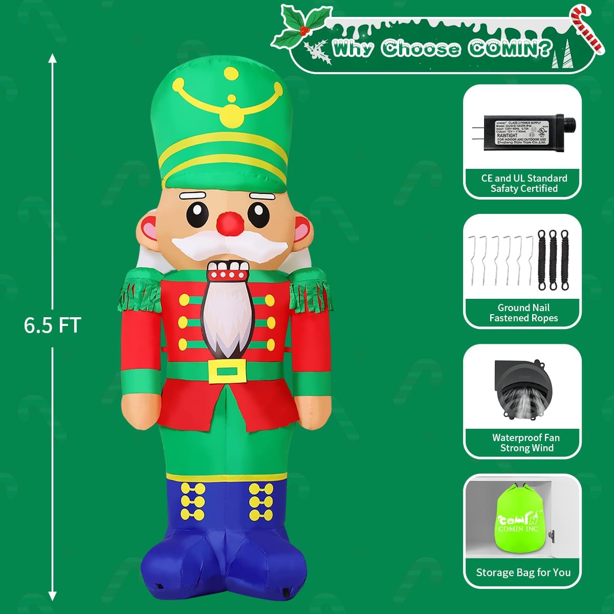 COMIN 6.5FT Christmas Inflatable Nutcracker Soldier Blow-Up Yard Decoration with LED Lights Xmas Holiday Décor for Outdoor Lawn Garden - Image 6