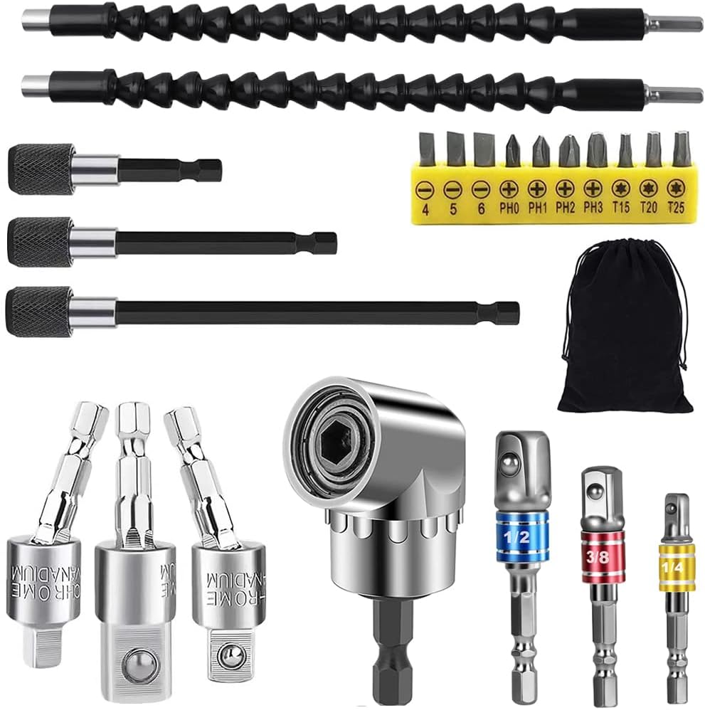 Flexible Drill Bit Extension Set, 105° Right Angle Drill Attachment, 1/4 3/8 1/2In Hex Shank Impact Driver Socket Adapter Rotatable Socket, Bendable Drill Bit Extension Screwdriver Bit