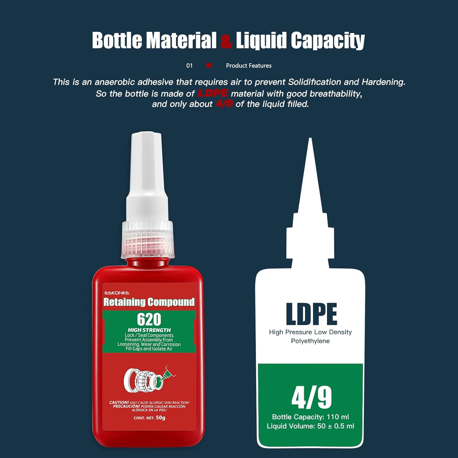 ESKONKE Retaining Compound Green 620 Sleeve Retainer High Strength Cylindrical Metal Components Assemblies Locking and Sealing Anaerobic Glue 1.69 Oz/50 ml - Image 2