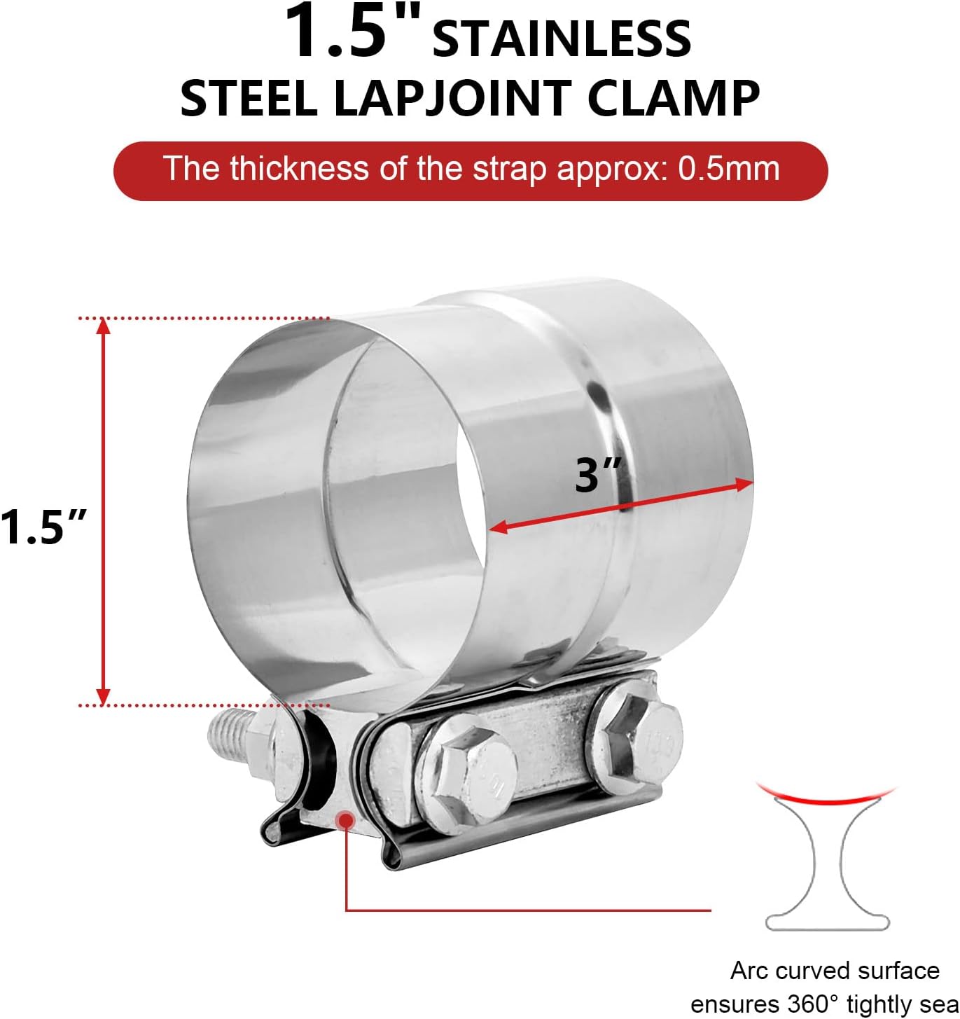 ELSHINE 1.5'' Lap Joint Exhaust Band Clamp, Heavy-duty Exhaust Clamps for Mufflers and Pipes, Stainless Steel Seal Clamp Sleeve for Exhaust Repair, 2PCS - Image 2
