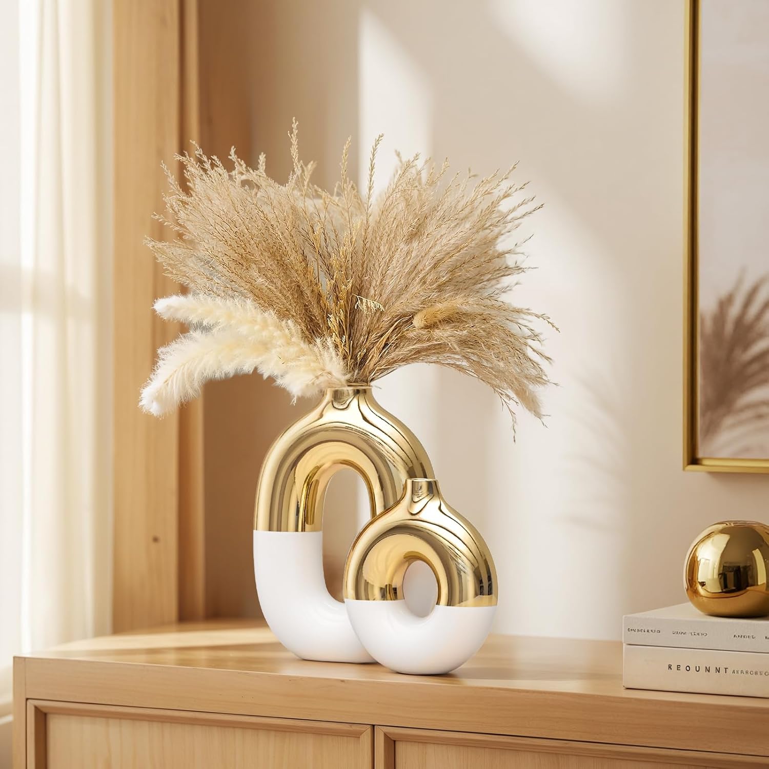 White and Gold Ceramic Vase Home Decor,Mid Century Modern Centerpiece Table Decorations,Oval and Round Flower vases with Hole for Pampas Grass,Bookshelf,Fireplace Mantle,Farmhouse,Rustic Décor - Image 4