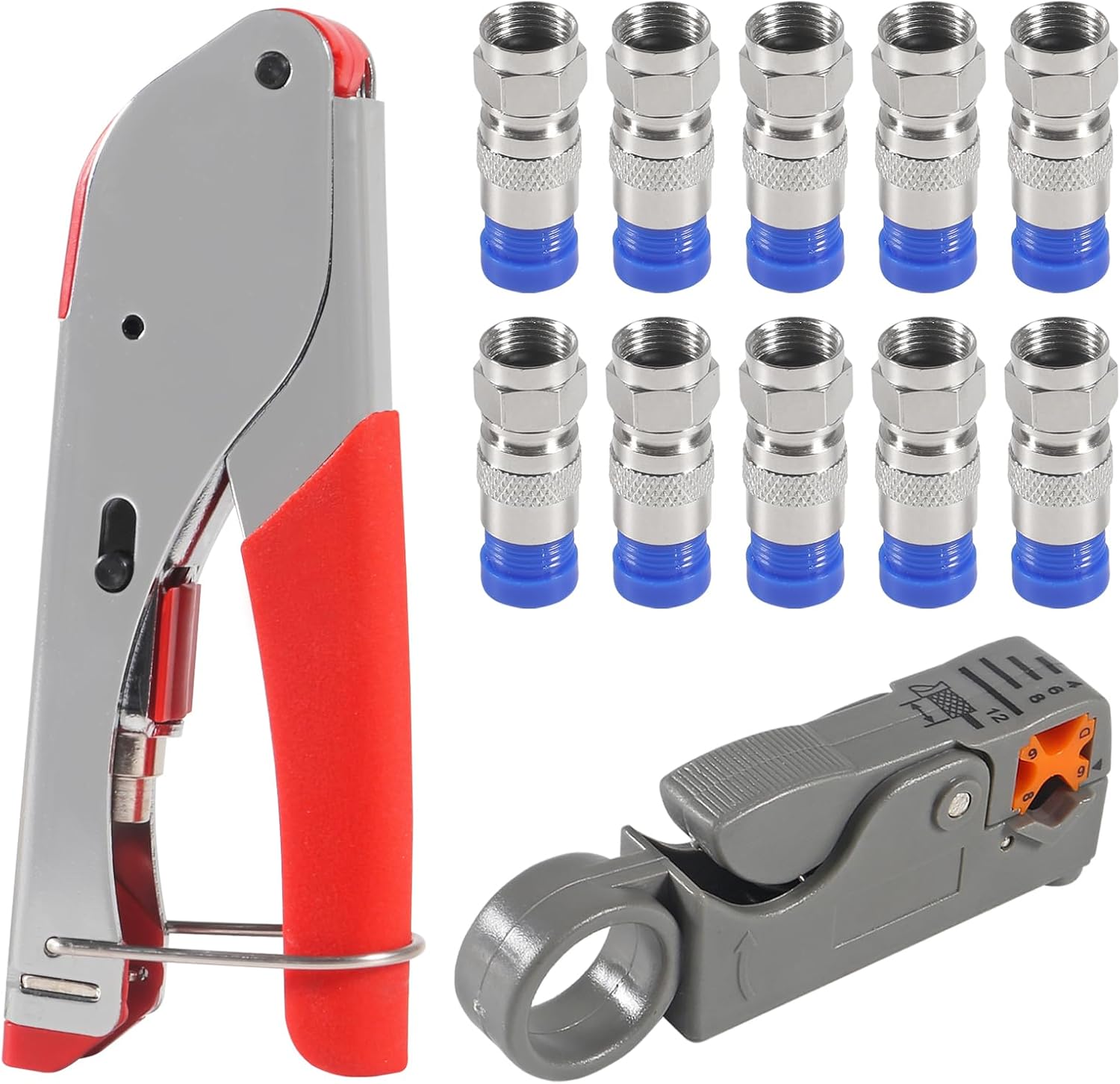 RG6 RG59 Coax Cable Compression Crimper Tool Kit,with 10 pcs Coaxial Compression Fitting Connector,Compression Tool, Coax Cables Stripper for Cable TV Video Audio