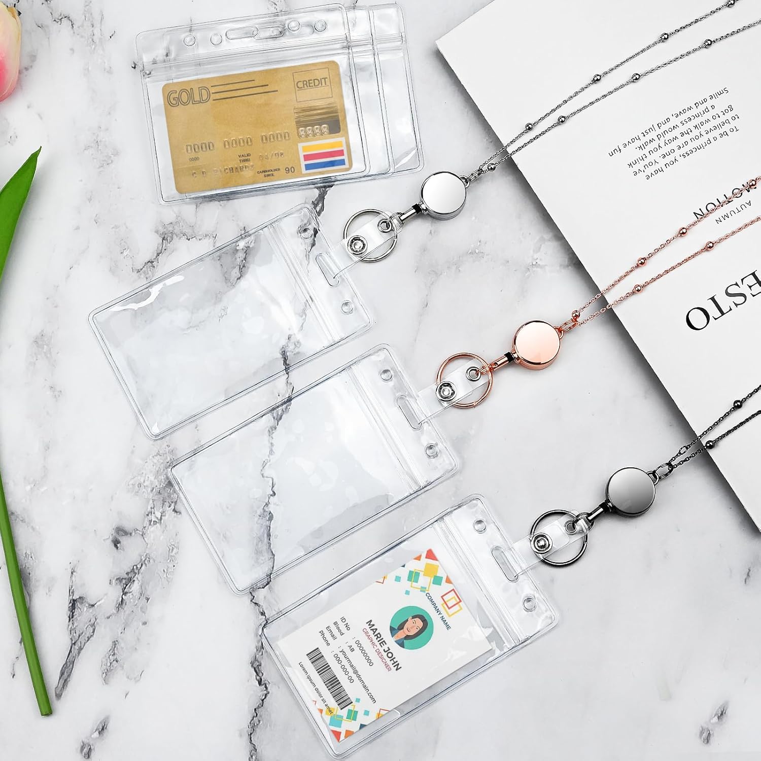 3 Pack Retractable Badge Reel Lanyard with 6 Pcs Waterproof ID Holder Retractable Stainless Steel Badge Reel Lanyard with ID Holder for Girl Women Teacher Adults (Black, Silver, Rose Gold) - Image 3