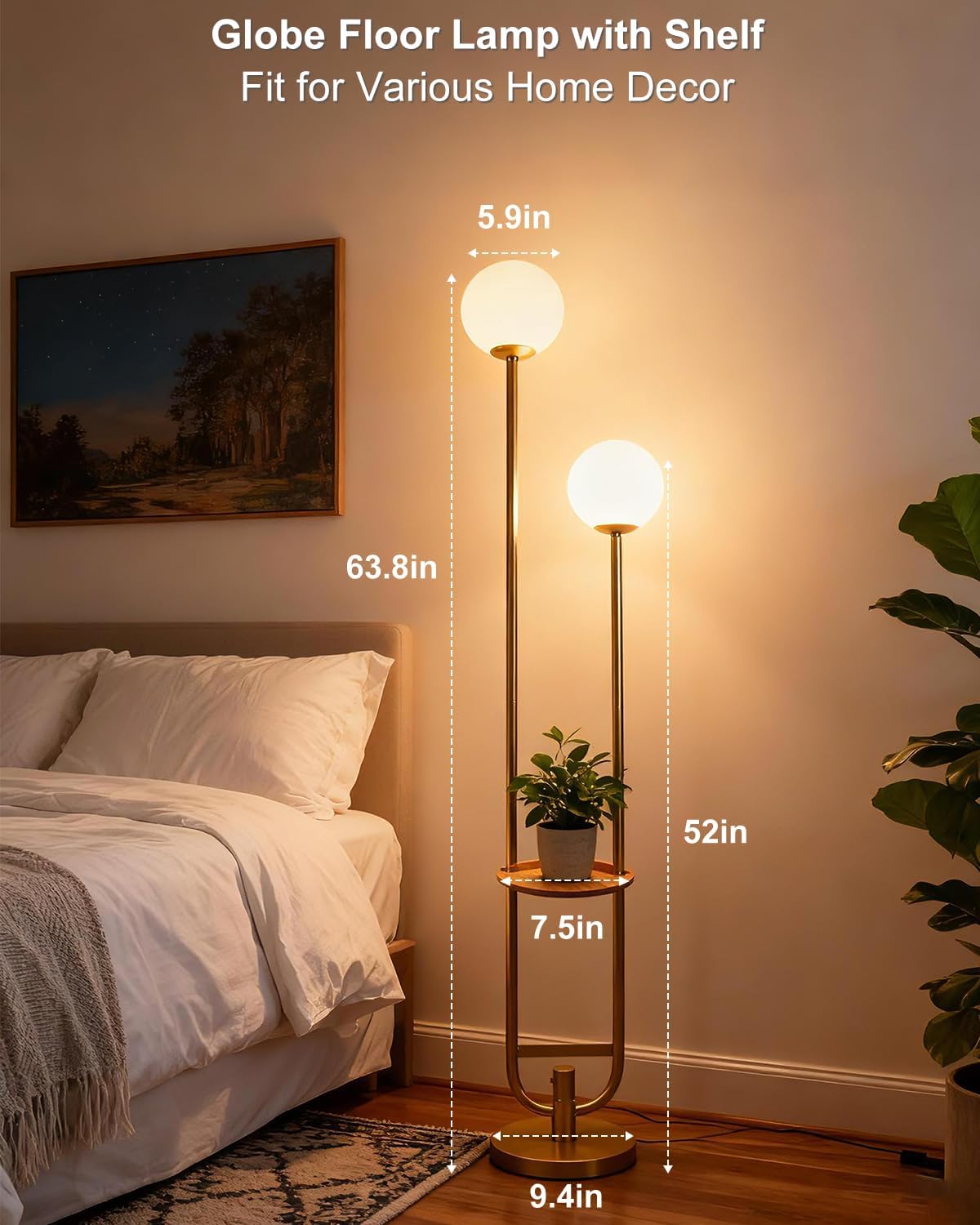 Lightdot 63IN Gold Floor Lamp with U Pole, 2 Globe Mid Century Standing Lamps with Warm White LED Bulbs, Unique Vintage Tall Floor Lamp for Living Room/Wedding/Party - Image 9