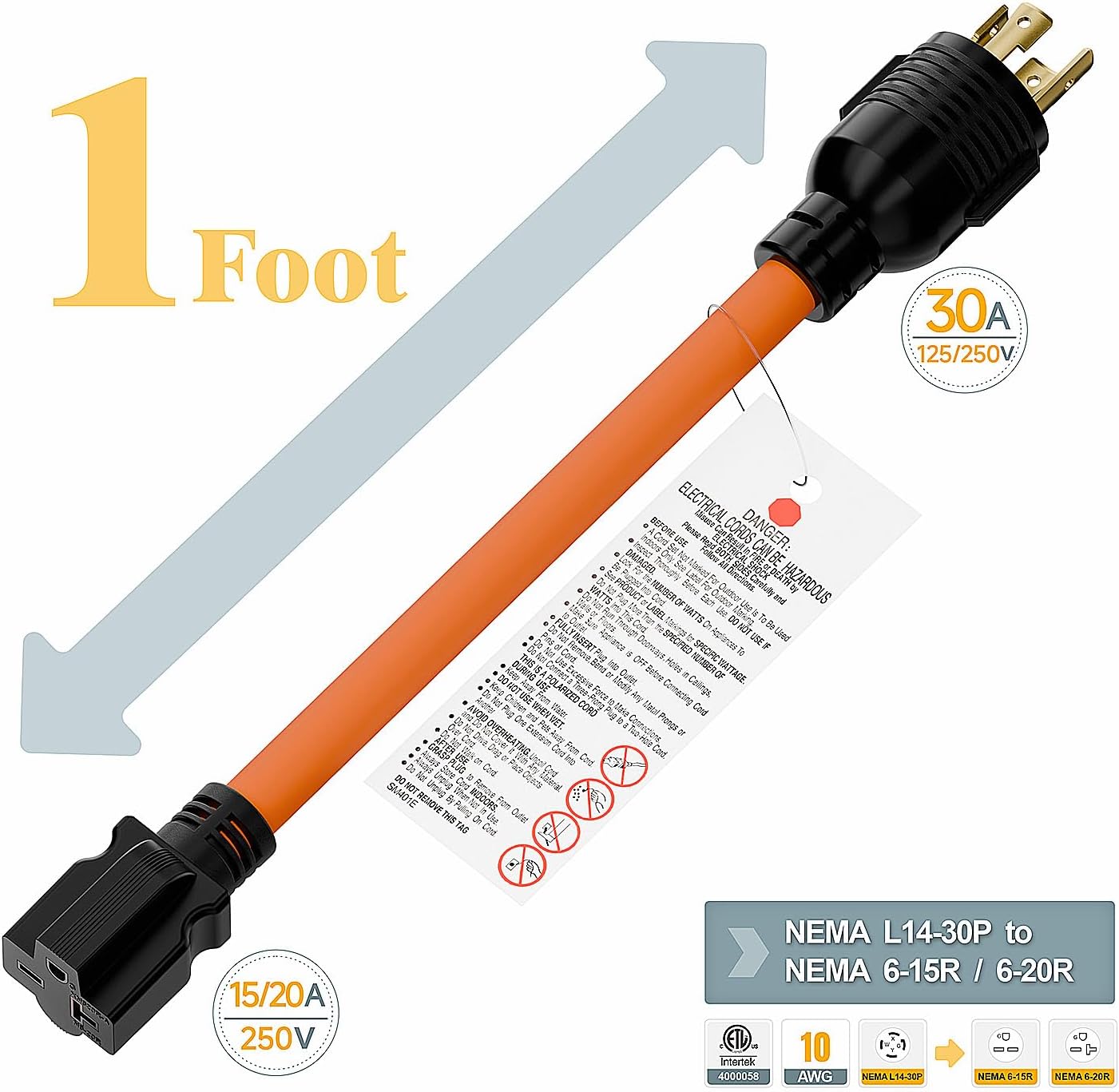 1FT Nema L14-30P 30Amp Locking Plug Male to 6-20R T-Blade Adapter, STW 10-AWG 30A 4-Prong 250V to 3 20A 250V 6-20/15R Adapter, L14-30 to 6-20 Adapter - Image 2