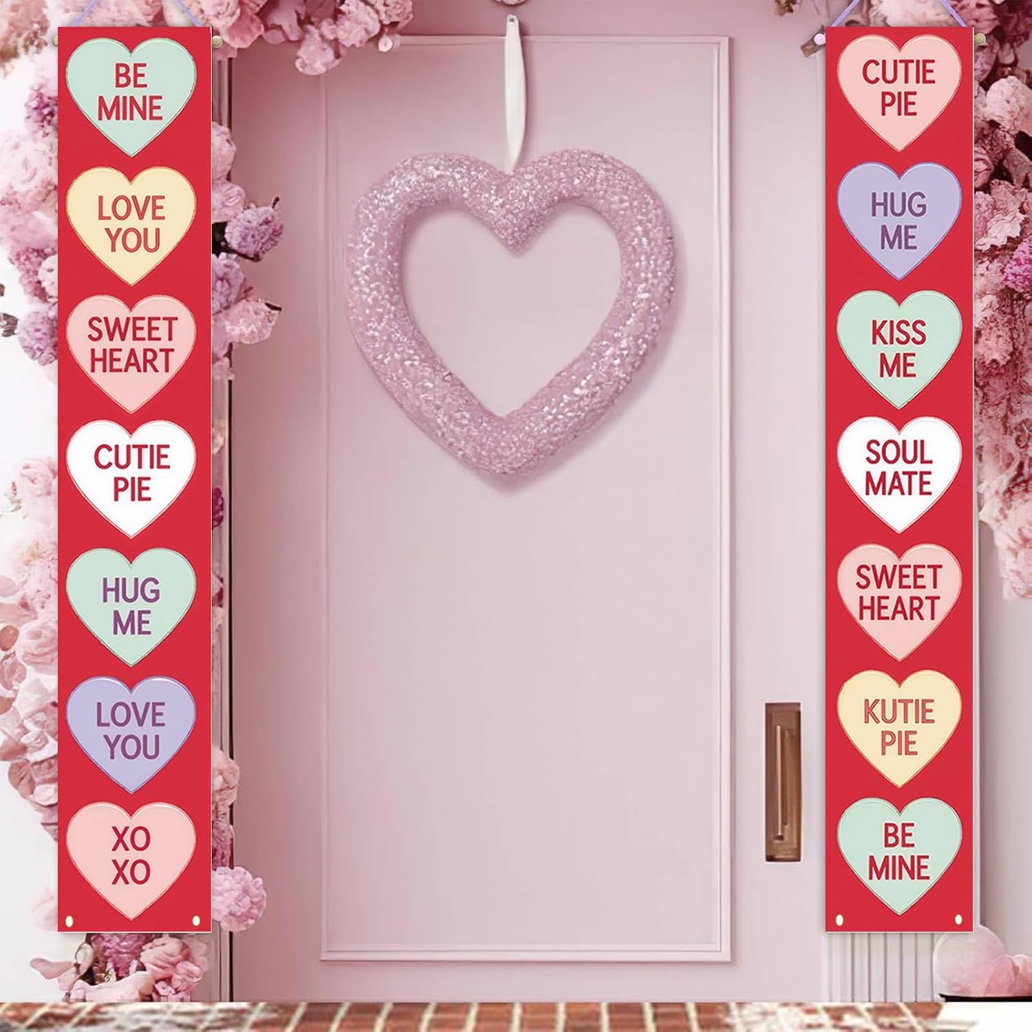 2 Pcs Conversation Hearts Valentines Door Decorations Banner Pink Valentines Day Hanging Door Banner Gathering Signs for Valentines Party Indoor Outdoor Supplies - Image 2