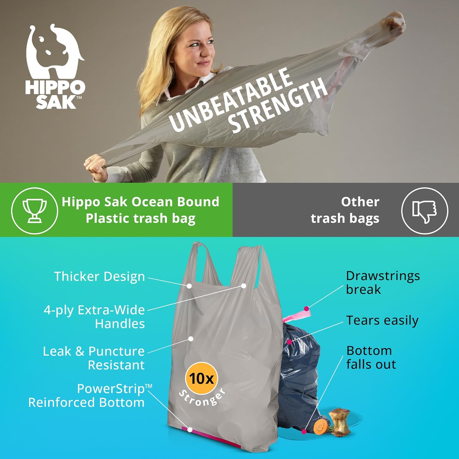 Hippo Sak - Tall Kitchen Garbage Bags with Ergonomic Handles - 13 Gallon Trash Bags Made from Recycled Ocean Bound Plastic - Super Strong and Leak Proof Tall Kitchen Trash Bags (45 Count) - Image 5