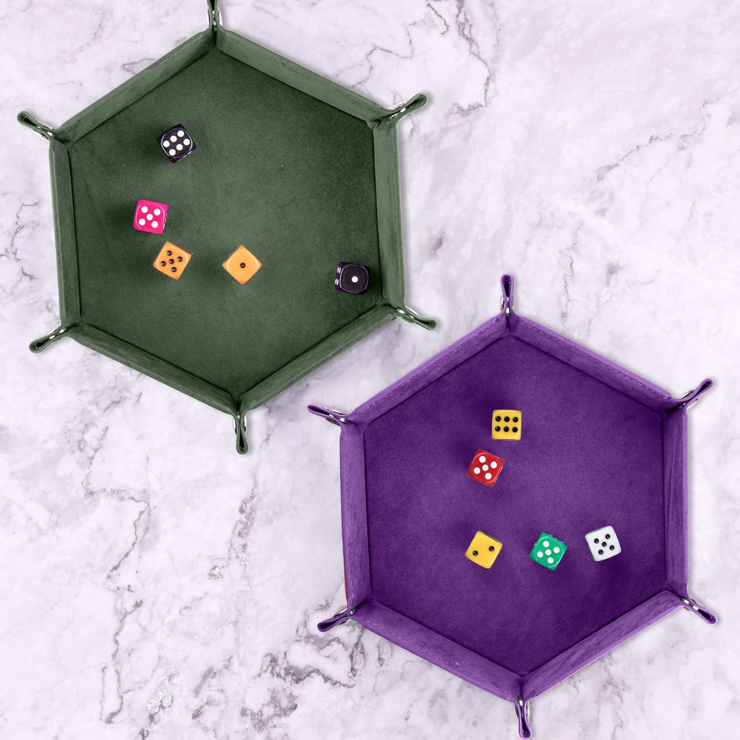 SIQUK 2 Pieces Dice Tray PU Leather Dice Trays Portable Folding Hexagon Dice Roller Tray for Dice Games Like RPG, DND and Other Table Games (Dark Green, Violet) - Image 6
