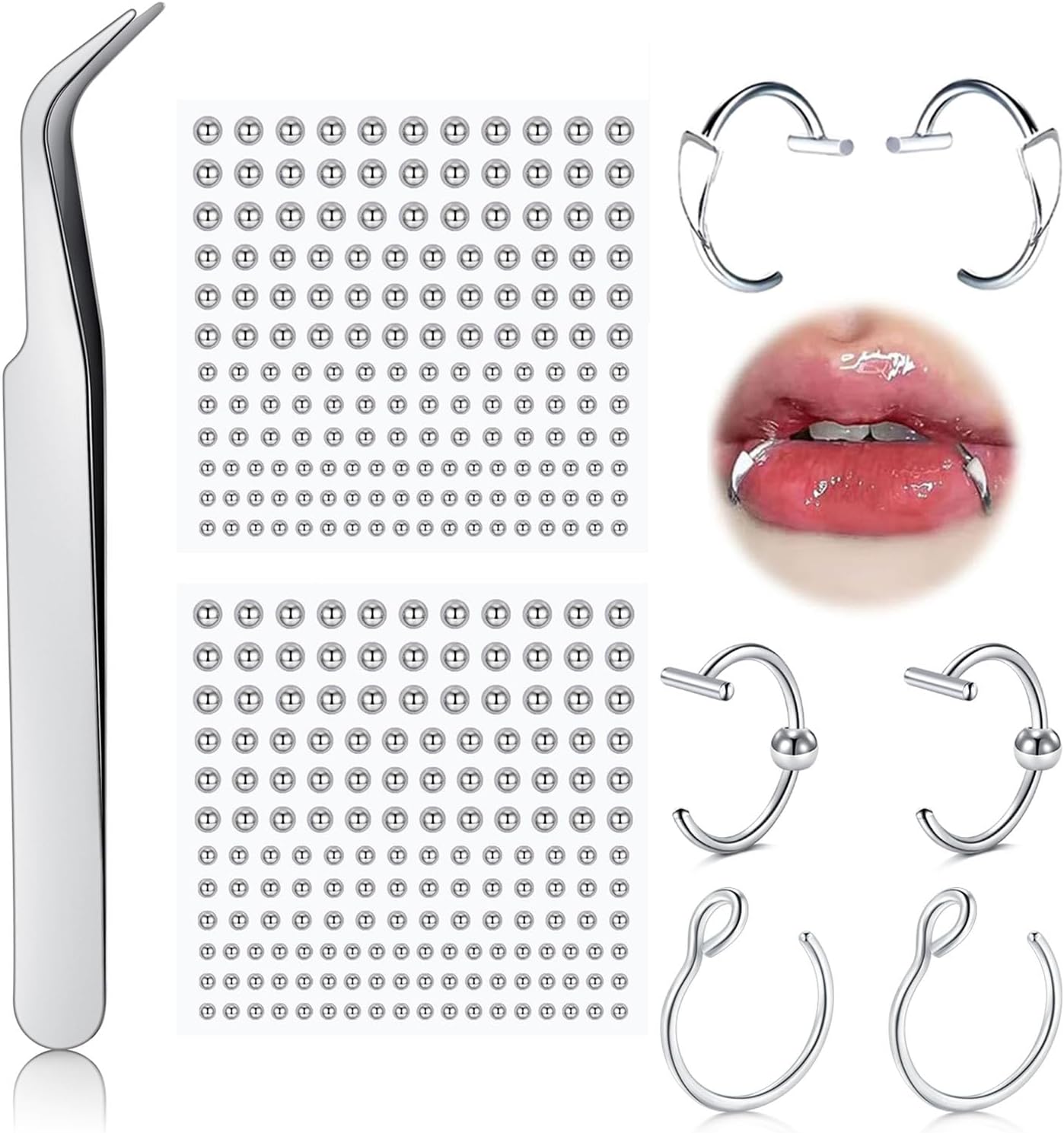 QWALIT Fake Lip Ring Cuffs Fake Nose Face Dermal Piercing Silver Clip on Vampire Teeth Fangs Faux Snake Bites Clip Nose Ring Hoops Non Piercing Stick on Stud Jewelry for Halloween Jewelry Women Men