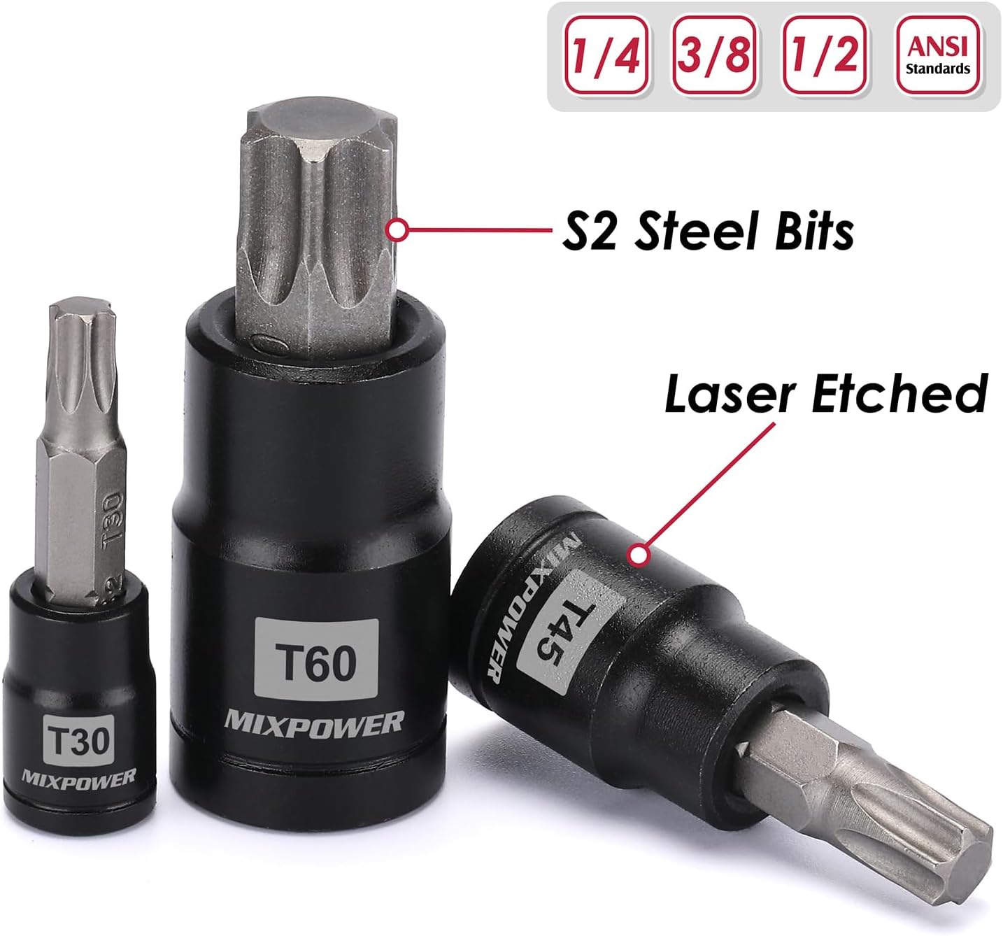MIXPOWER 25 Piece Torx Bit and Socket Set, 13 Star Bits (T8- T60) & 12 E-Torx Sockets (E4-E22), Professional Grade Auto & Motorcycle Mechanic Set - Image 4