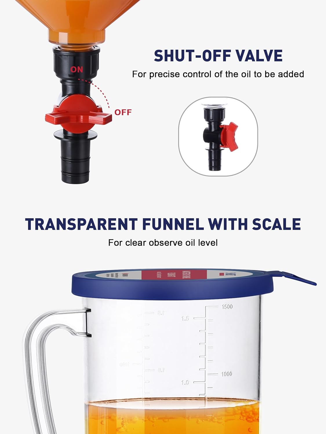 SMART JERRY - Spill-Proof Engine Oil Funnel Kit|Oil Change Funnel w/ 12 Adapters & 2 Magnetic Adapter Organizer Boards|Transparent Body w/Scale & Shut-Off Valve|Universal Fit - Image 5