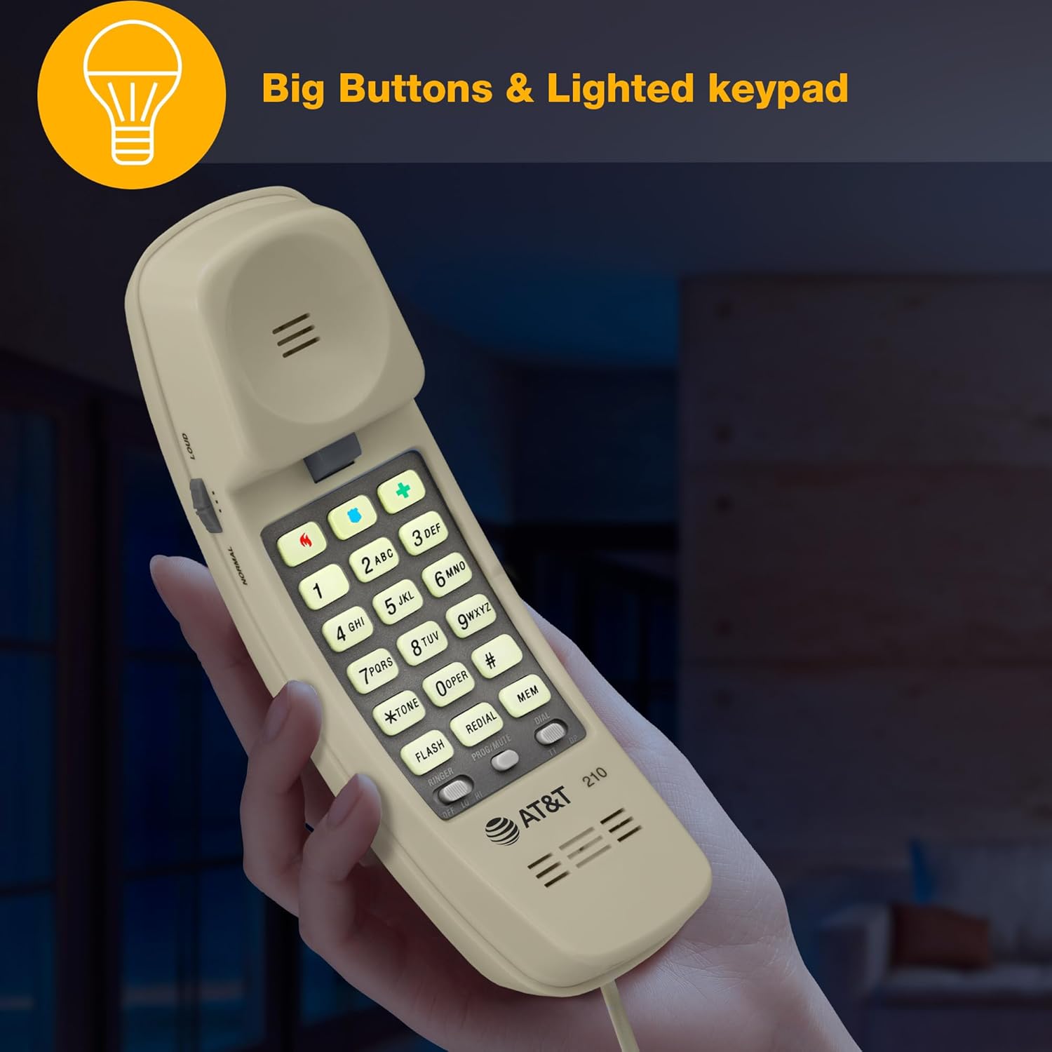 AT&T TRIMLINE 210 Corded Home Phone, No AC Power Required, Improved Easy-Wall-Mount, Lighted Big Button Keypad, 13 SpeedDial Keys, Last Number Redial, Mute, Flash, Volume Control, Beige - Image 4