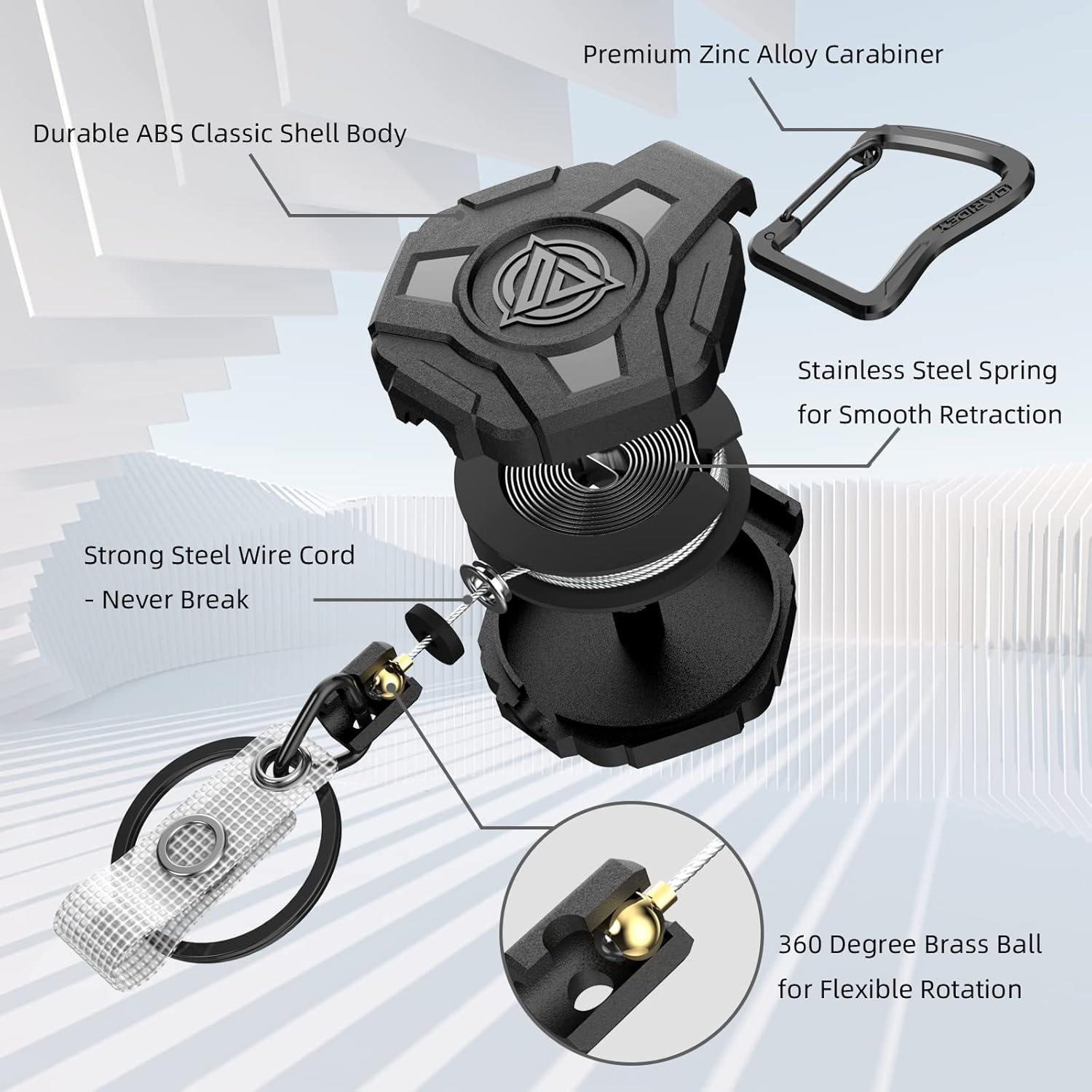 2 Pack Badge Reels Retractable, Heavy Duty Retractable Keychain, Tactical ID Badge Holder with Upgraded Zinc Alloy Carabiner, 31.5'' Coated Steel Cord, Bearing 8.0 oz- Black - Image 8