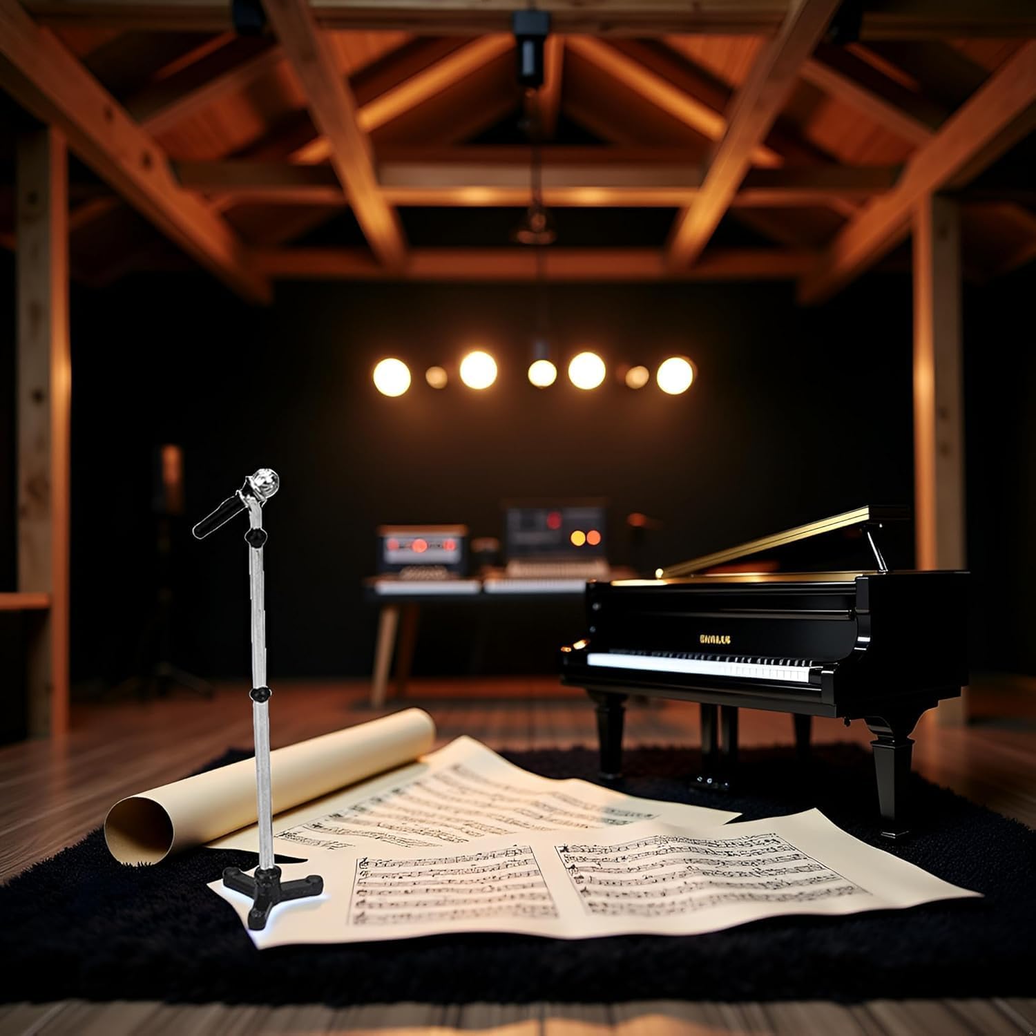 2Pcs Black Dollhouse Decoration Accessories, 1:12 Dollhouse Miniature Scene Model Microphone with Stand Play Toy, Decortion, Dollhouse Furniture, Doll's Microphone (90 x 18 mm) - Image 4