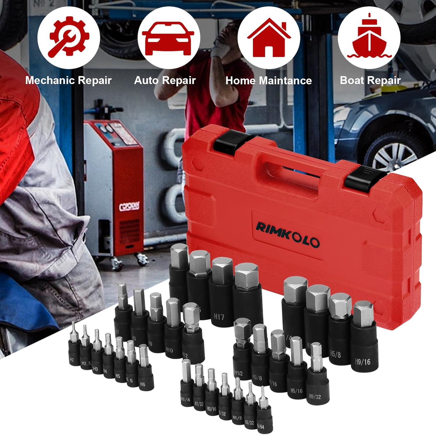 RIMKOLO Hex Impact Bit Socket Set, 32-Piece Allen Socket Set SAE and Metric 1/4" 3/8" 1/2" Drives, S2 Alloy Steel and CR-V Bit Sockets - Image 7