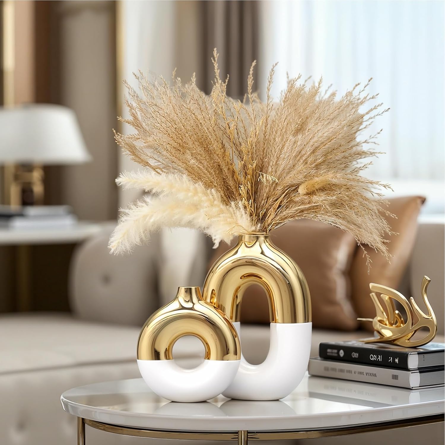 White and Gold Ceramic Vase Home Decor,Mid Century Modern Centerpiece Table Decorations,Oval and Round Flower vases with Hole for Pampas Grass,Bookshelf,Fireplace Mantle,Farmhouse,Rustic Décor - Image 6