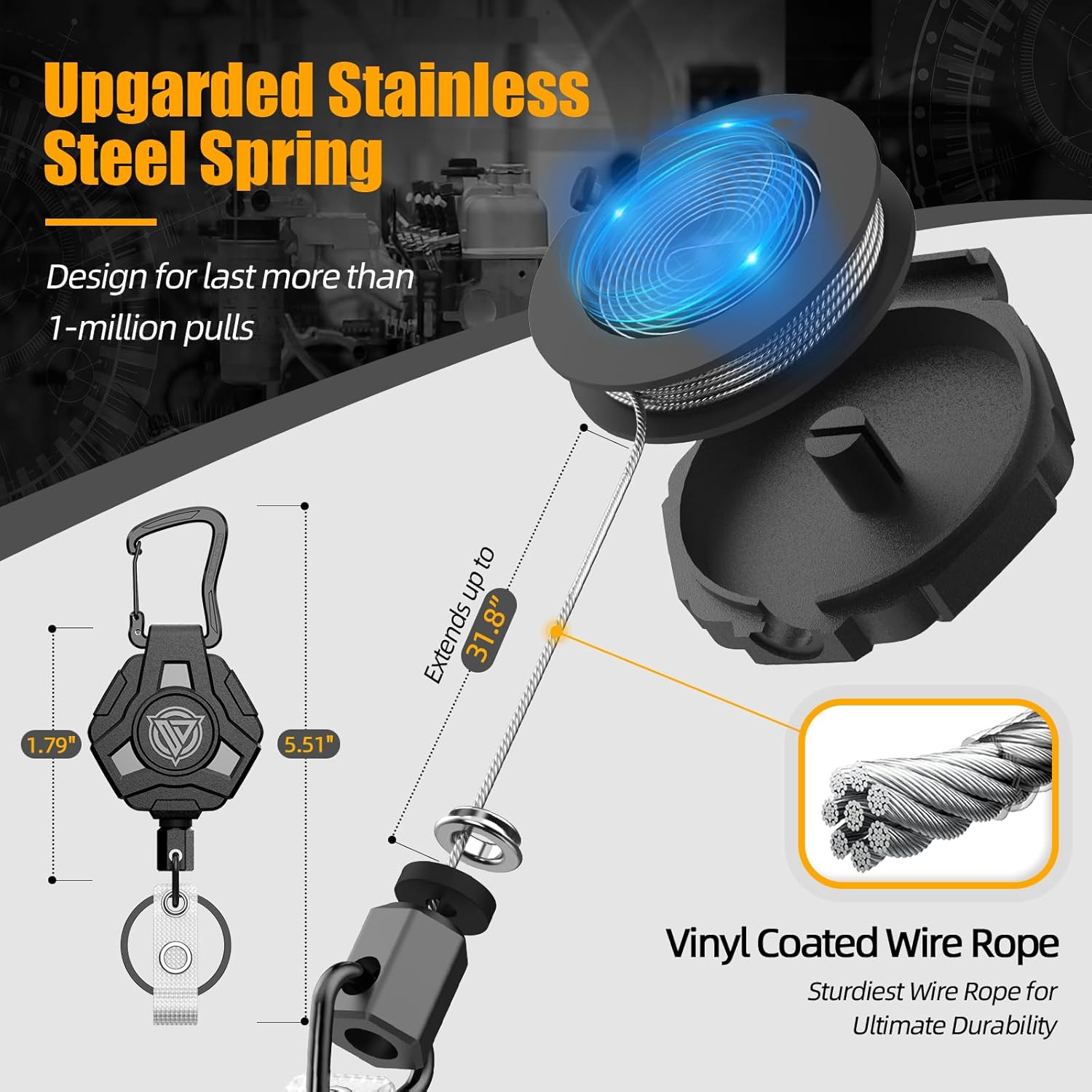 2 Pack Badge Reels Retractable, Heavy Duty Retractable Keychain, Tactical ID Badge Holder with Upgraded Zinc Alloy Carabiner, 31.5'' Coated Steel Cord, Bearing 8.0 oz- Black - Image 2