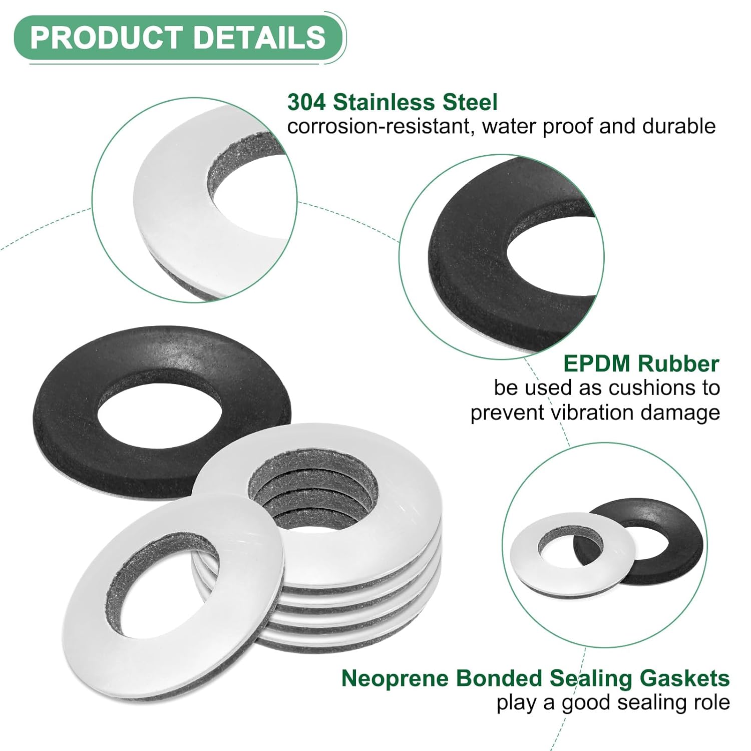 M METERXITY 10-Pack EPDM Bonded Sealing Rubber Washers, 304 Stainless Steel 1/2" x 1" OD Neoprene Rubber Washers Gasket for Bolts/Screws/Machinery/Ships/Roof - Image 2