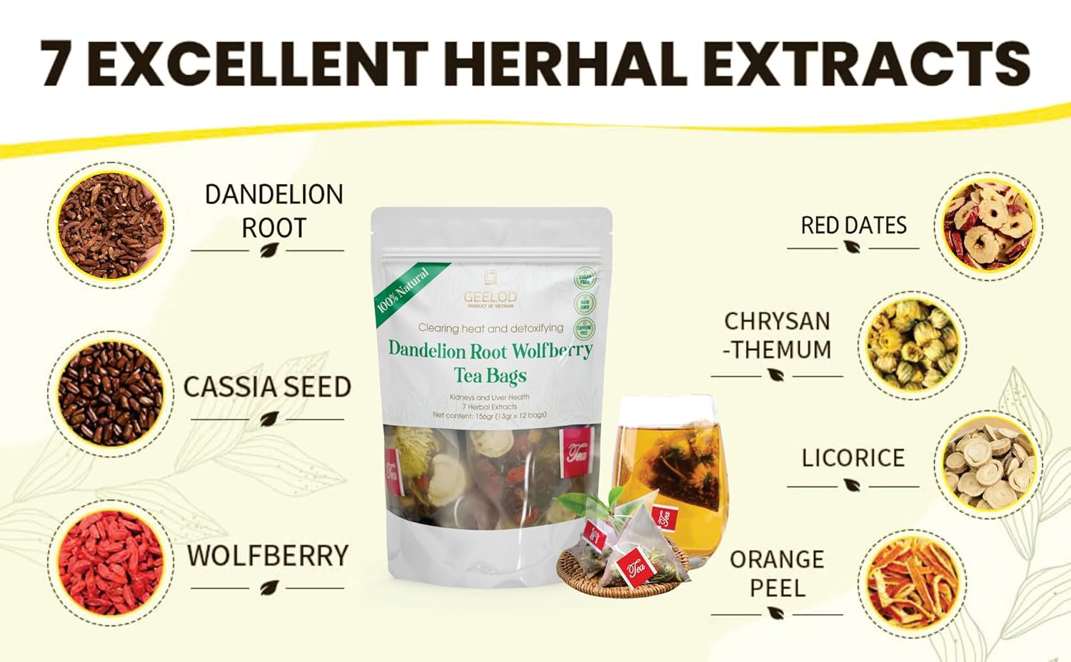 Premium Dandelion Root Wolfberry Tea Bags - Kidneys & Liver Health Tea, Seven Vietnamese Herbal Ingredients Natural Blend Tea bags (13gr x12bags) - Image 2