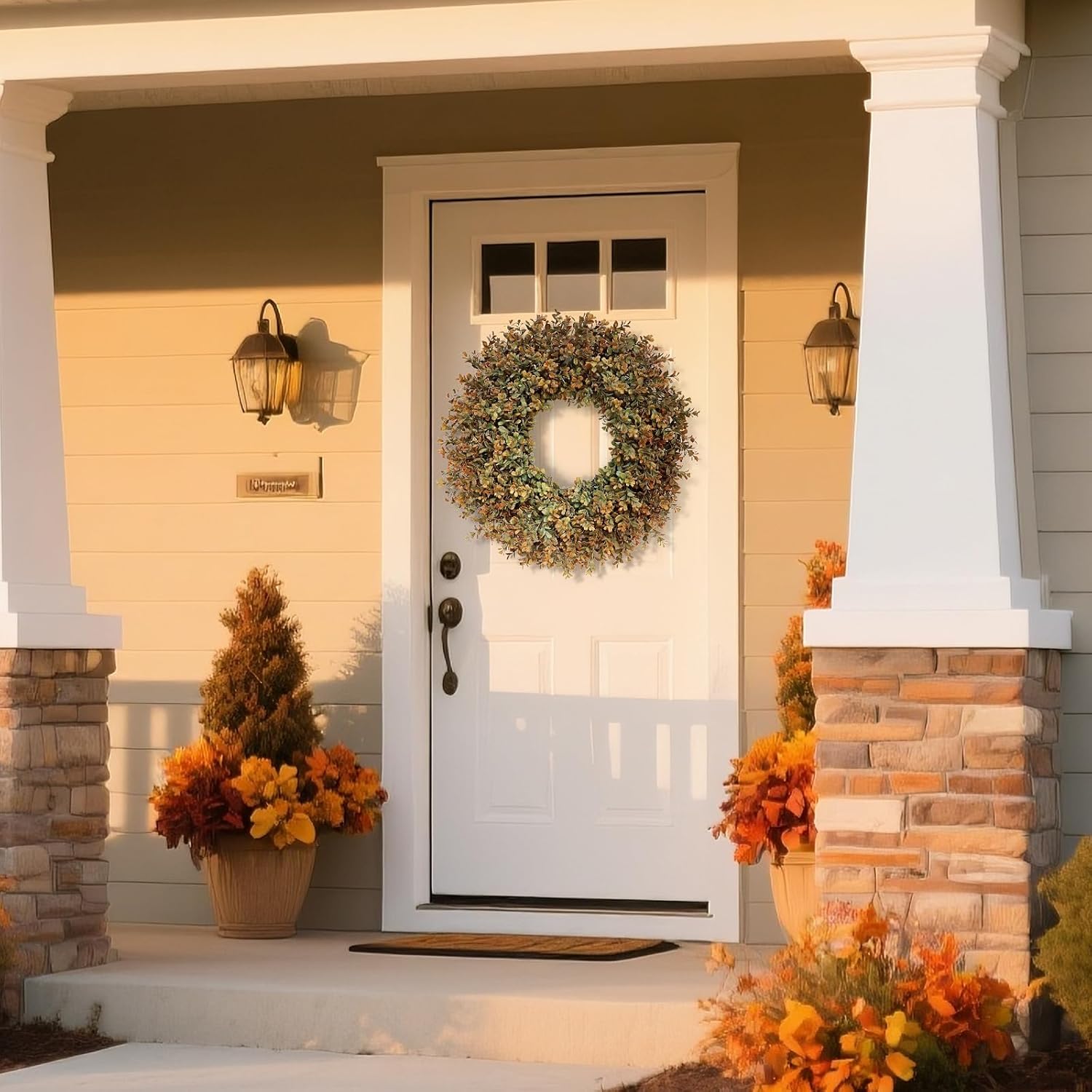 26'' Large Fall Wreath for Front Door, Porch, Window- Artificial Boxwood Leaves Outdoor Autumn Wreath for Home, Farmhouse Wall Thanksgiving Day Harvest Festival Decor - Image 3