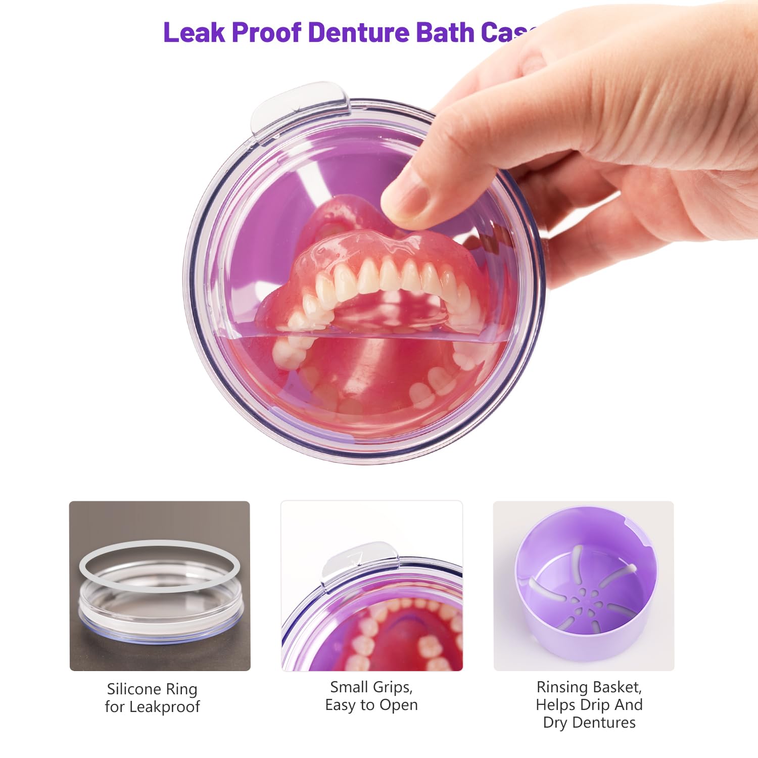 Denture Case, Leak Proof Denture Bath Cup, Full & Partial Denture Clean Holder Box with Strainer, Denture Brush, Denture Soaking Container Cups for Dentures, Retainers, Mouth Guard Case (Purple) - Image 4